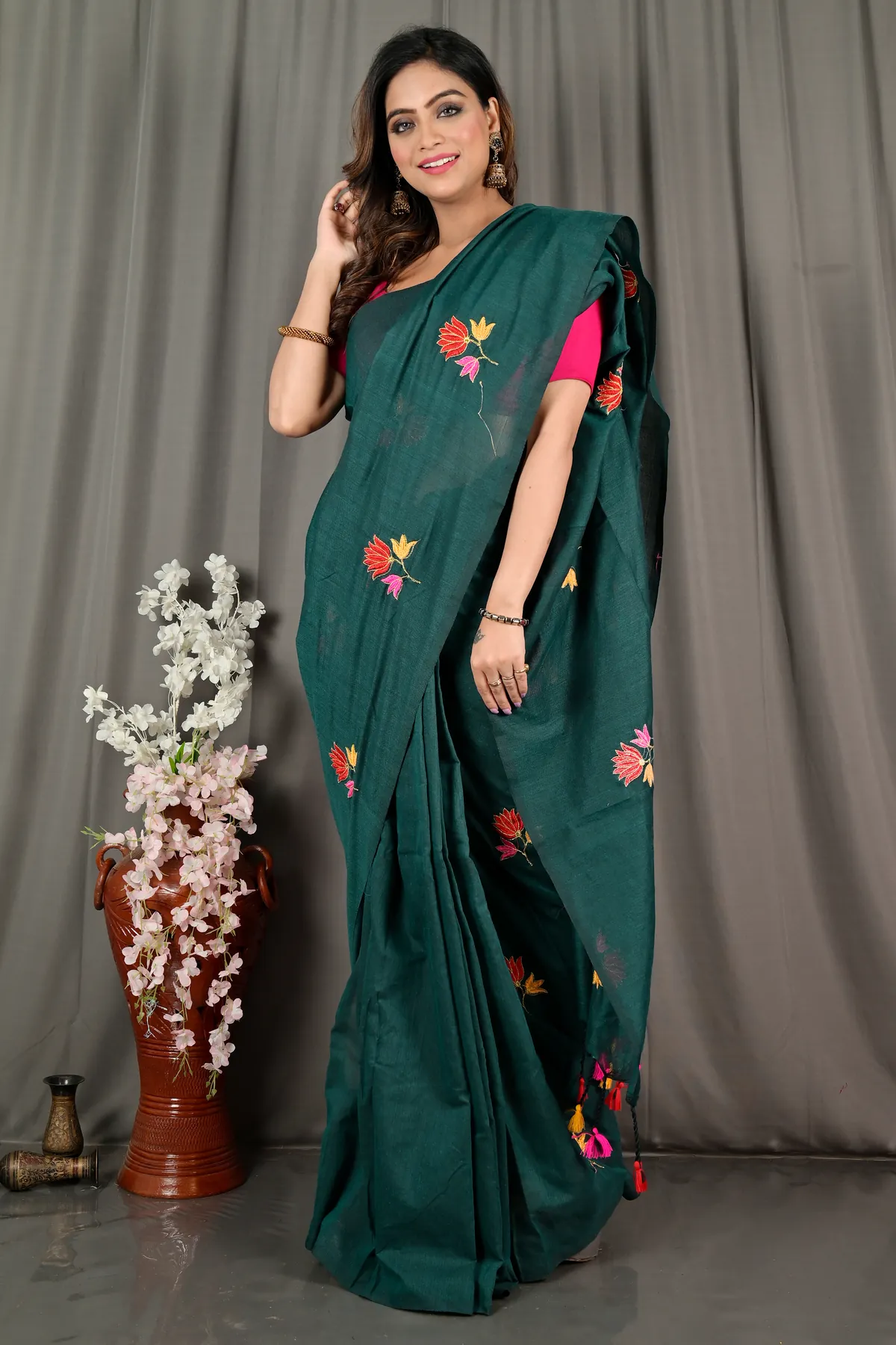 DipDiya Pure Cotton Dark Green Umkor Than Threads of Tradition Embroidery Handloom sarees