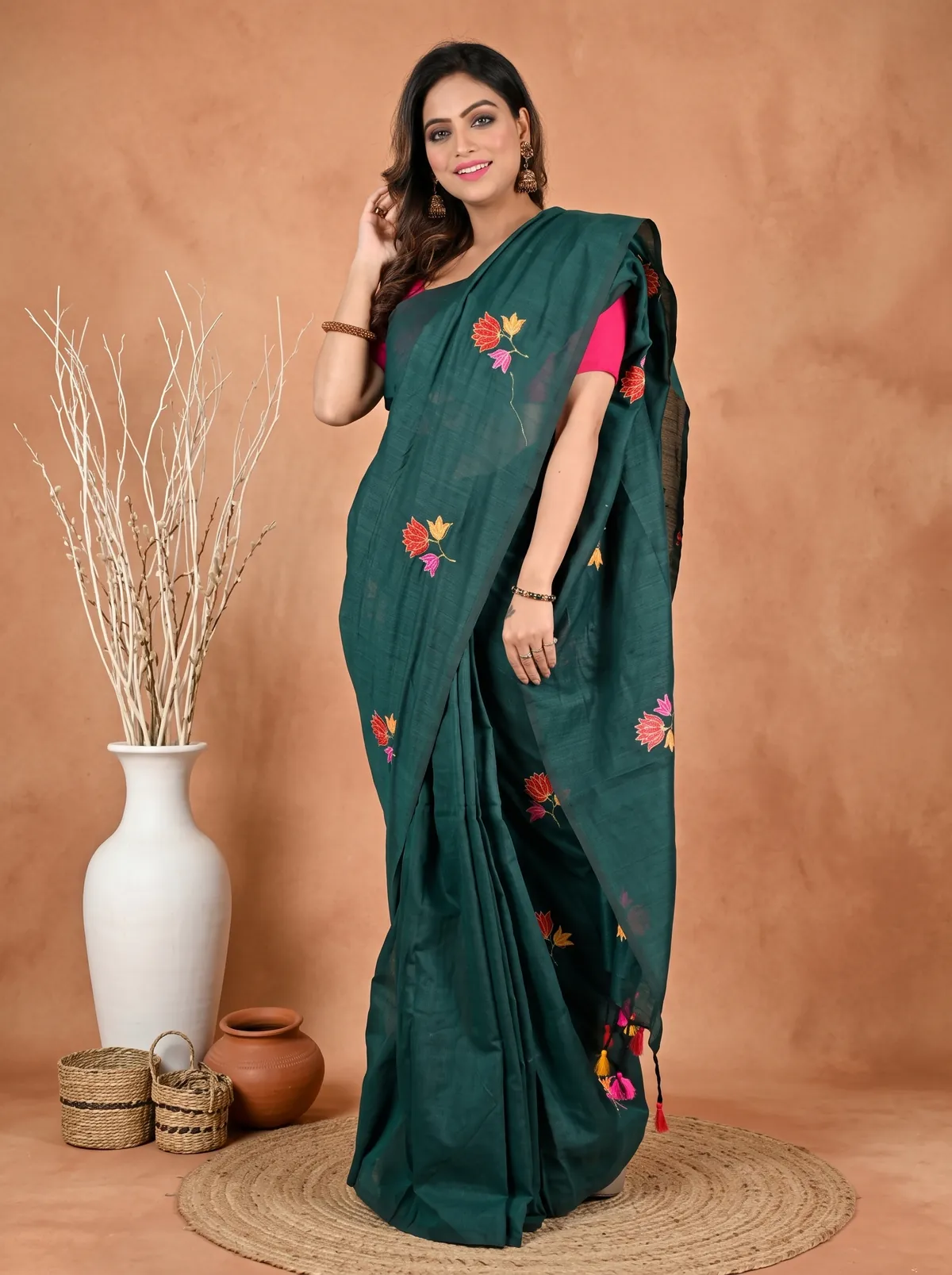 DipDiya Pure Cotton Dark Green Umkor Than Threads of Tradition Embroidery Handloom sarees