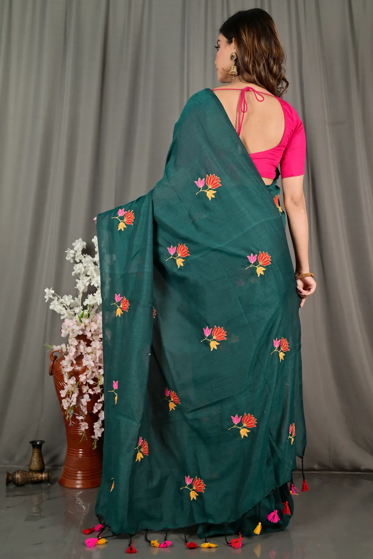 DipDiya Pure Cotton Dark Green Umkor Than Threads of Tradition Embroidery Handloom sarees