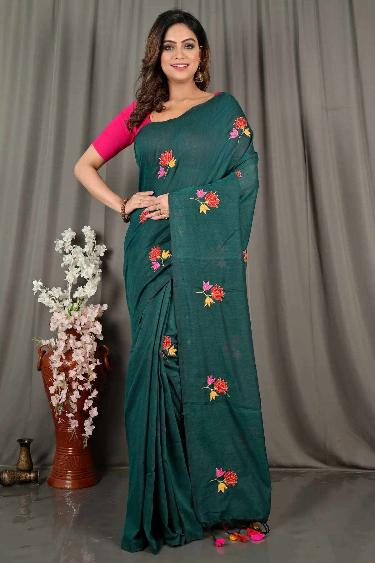 DipDiya Pure Cotton Dark Green Umkor Than Threads of Tradition Embroidery Handloom sarees