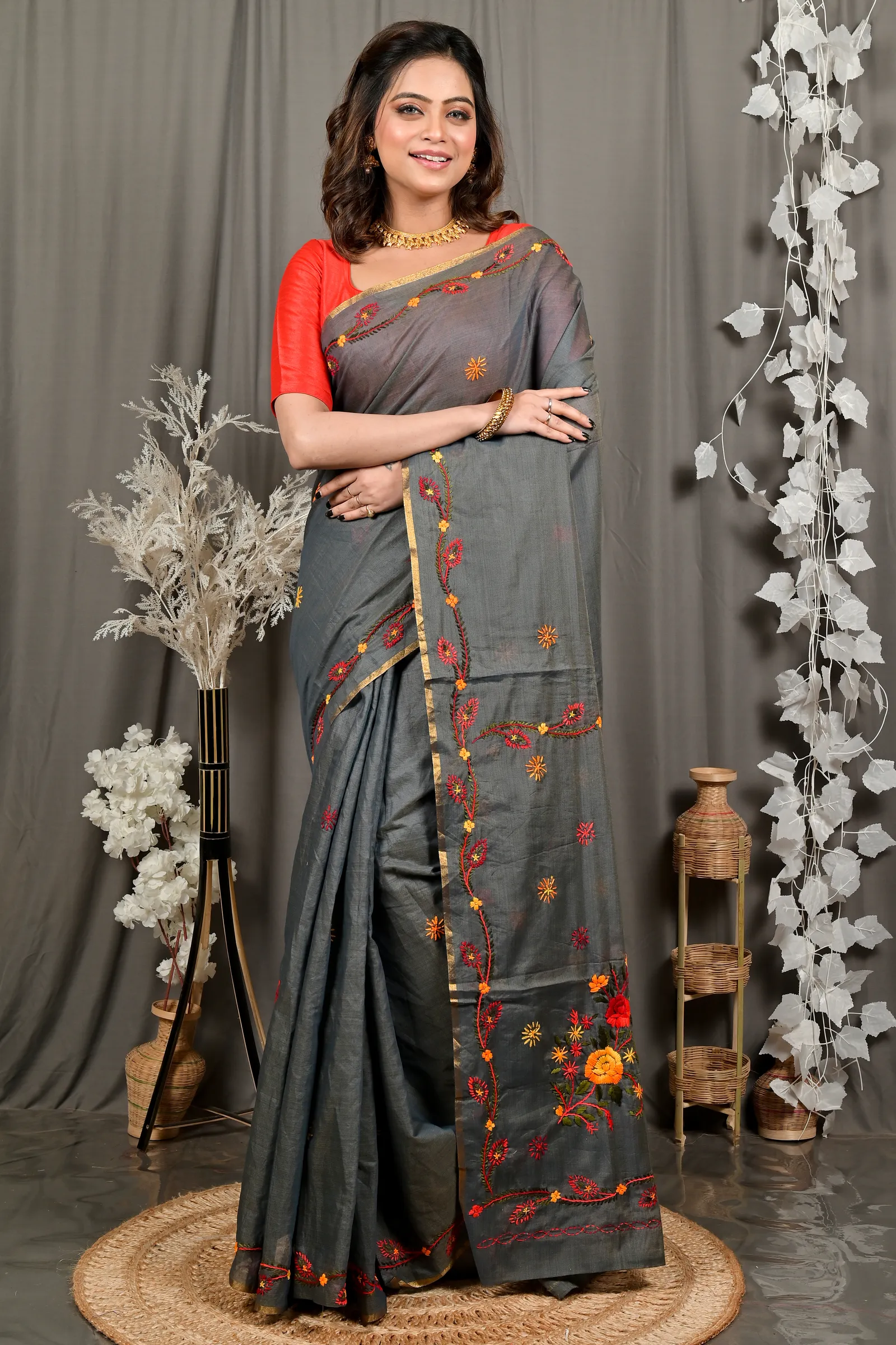 DipDiya Pure Cotton Dark Grey Devui Rooted in Bengal Kantha Stitch Sarees