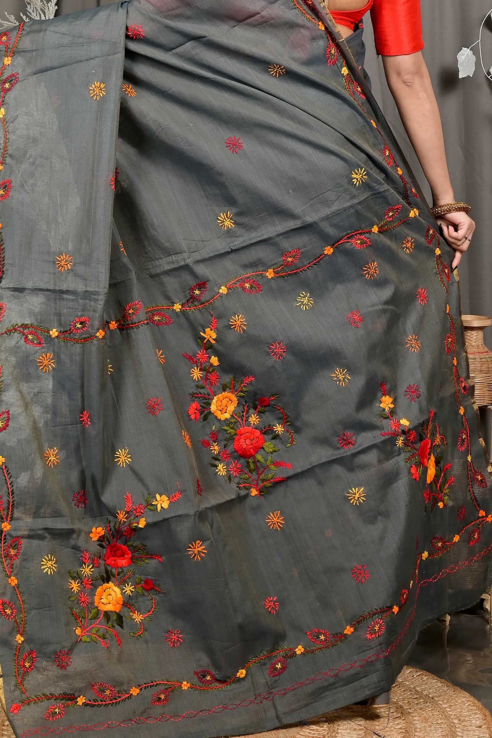DipDiya Pure Cotton Dark Grey Devui Rooted in Bengal Kantha Stitch Sarees