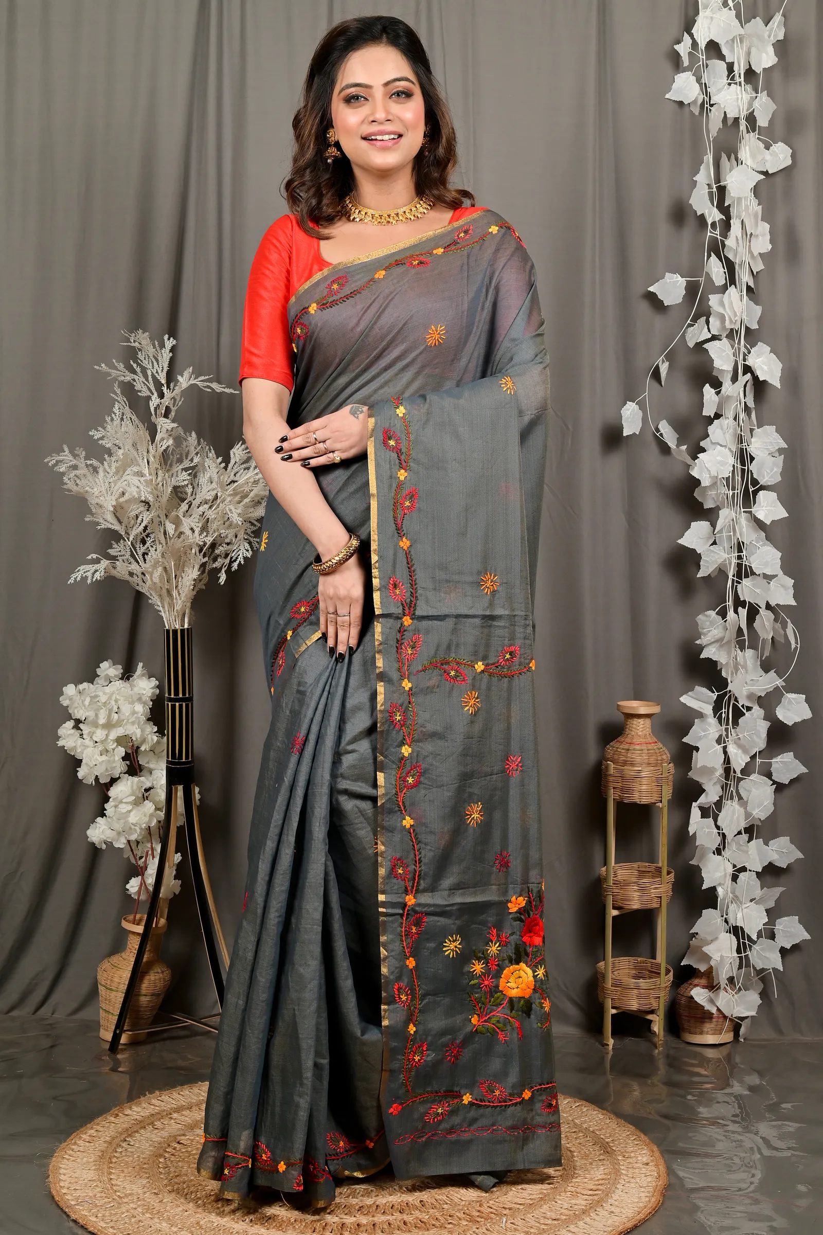 DipDiya Pure Cotton Dark Grey Devui Rooted in Bengal Kantha Stitch Sarees