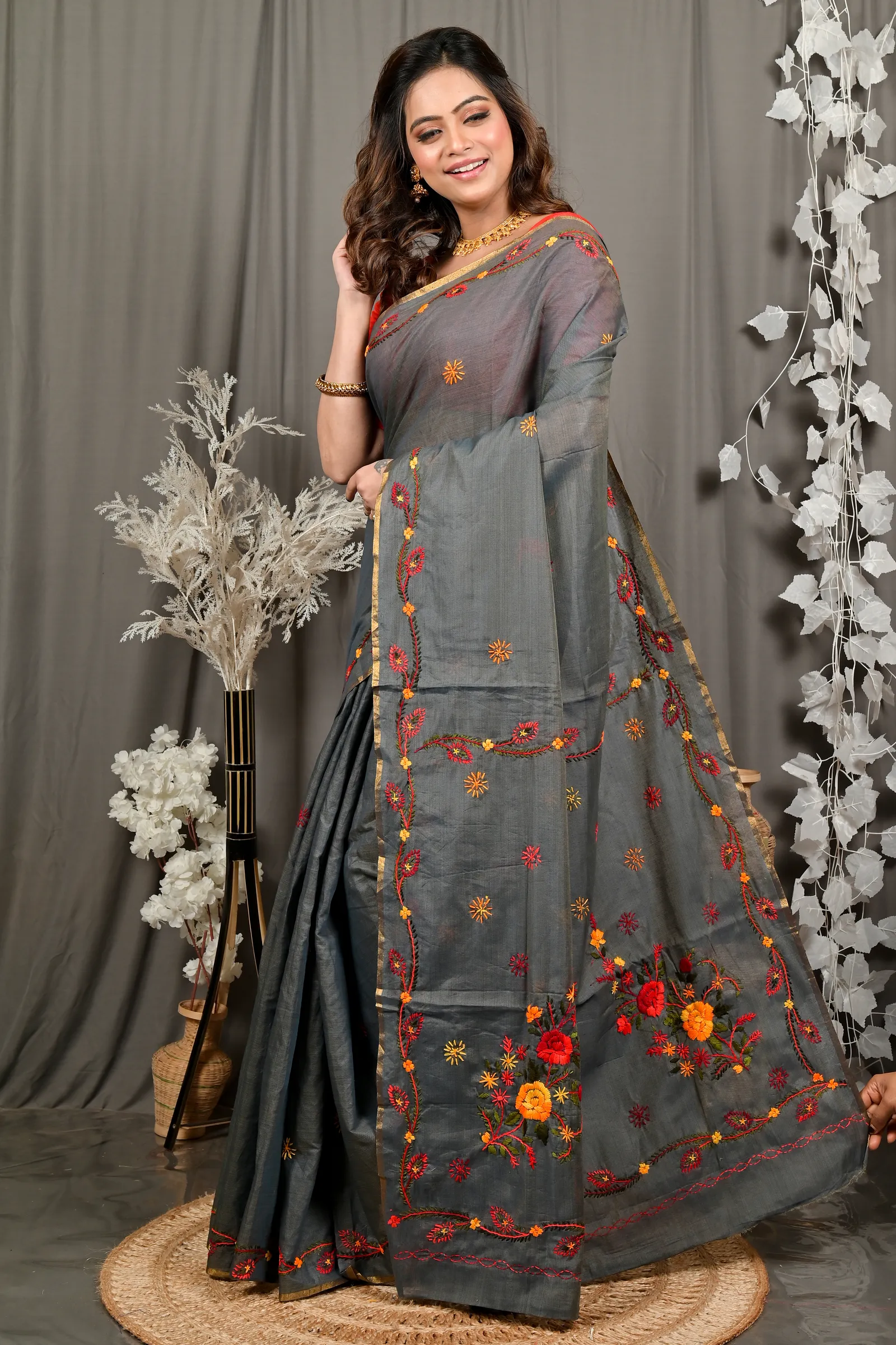 DipDiya Pure Cotton Dark Grey Devui Rooted in Bengal Kantha Stitch Sarees
