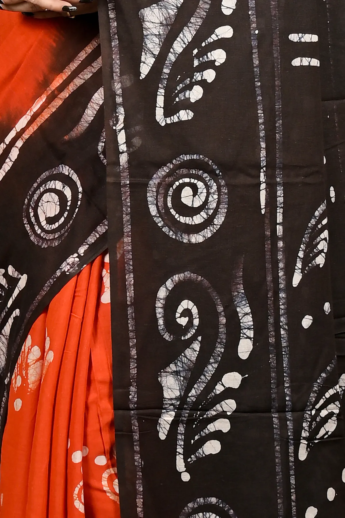 DipDiya Pure Cotton Dark Orange Pihu Handcrafted Elegance Batik Print Sarees
