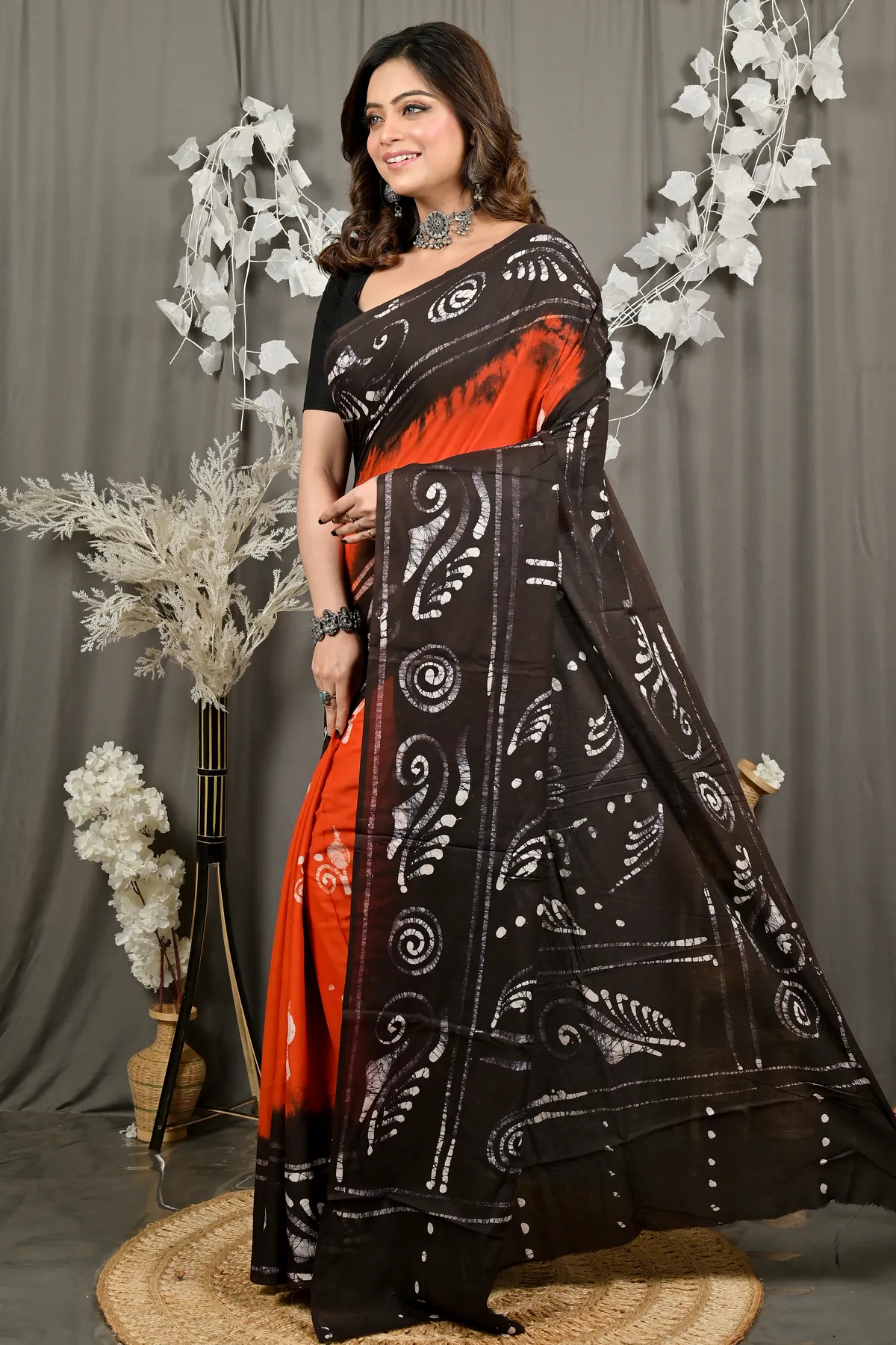 DipDiya Pure Cotton Dark Orange Pihu Handcrafted Elegance Batik Print Sarees