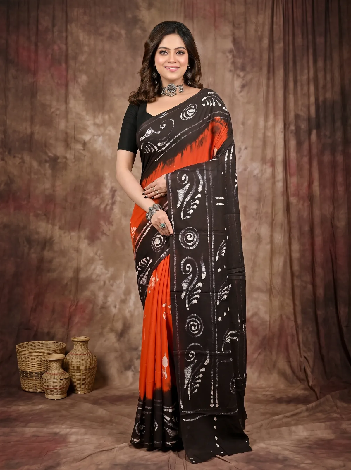 DipDiya Pure Cotton Dark Orange Pihu Handcrafted Elegance Batik Print Sarees