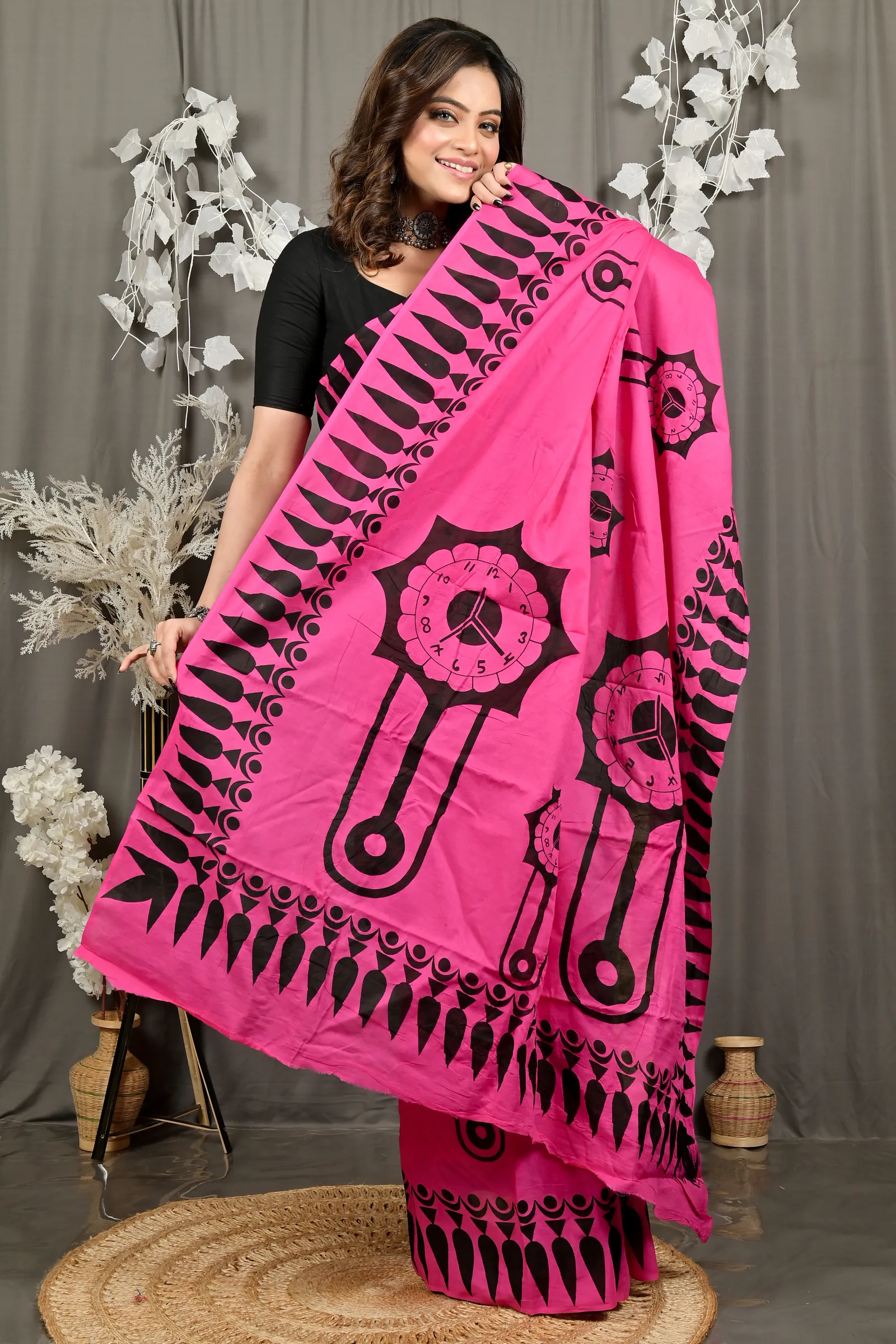 DipDiya Pure Cotton Dark Pink Febui Bengal’s Tradition Printed Handloom Sarees