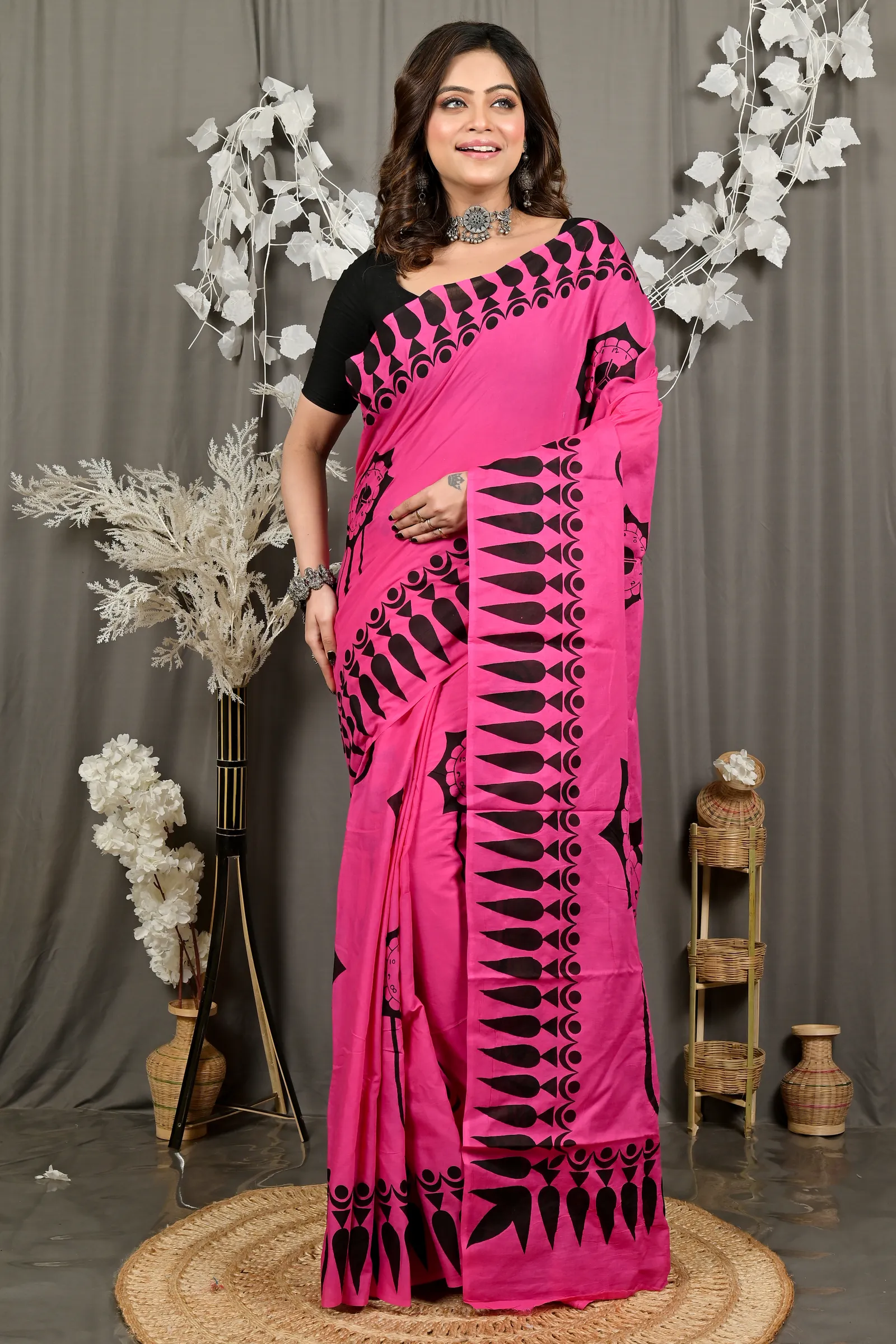 DipDiya Pure Cotton Dark Pink Febui Bengal’s Tradition Printed Handloom Sarees