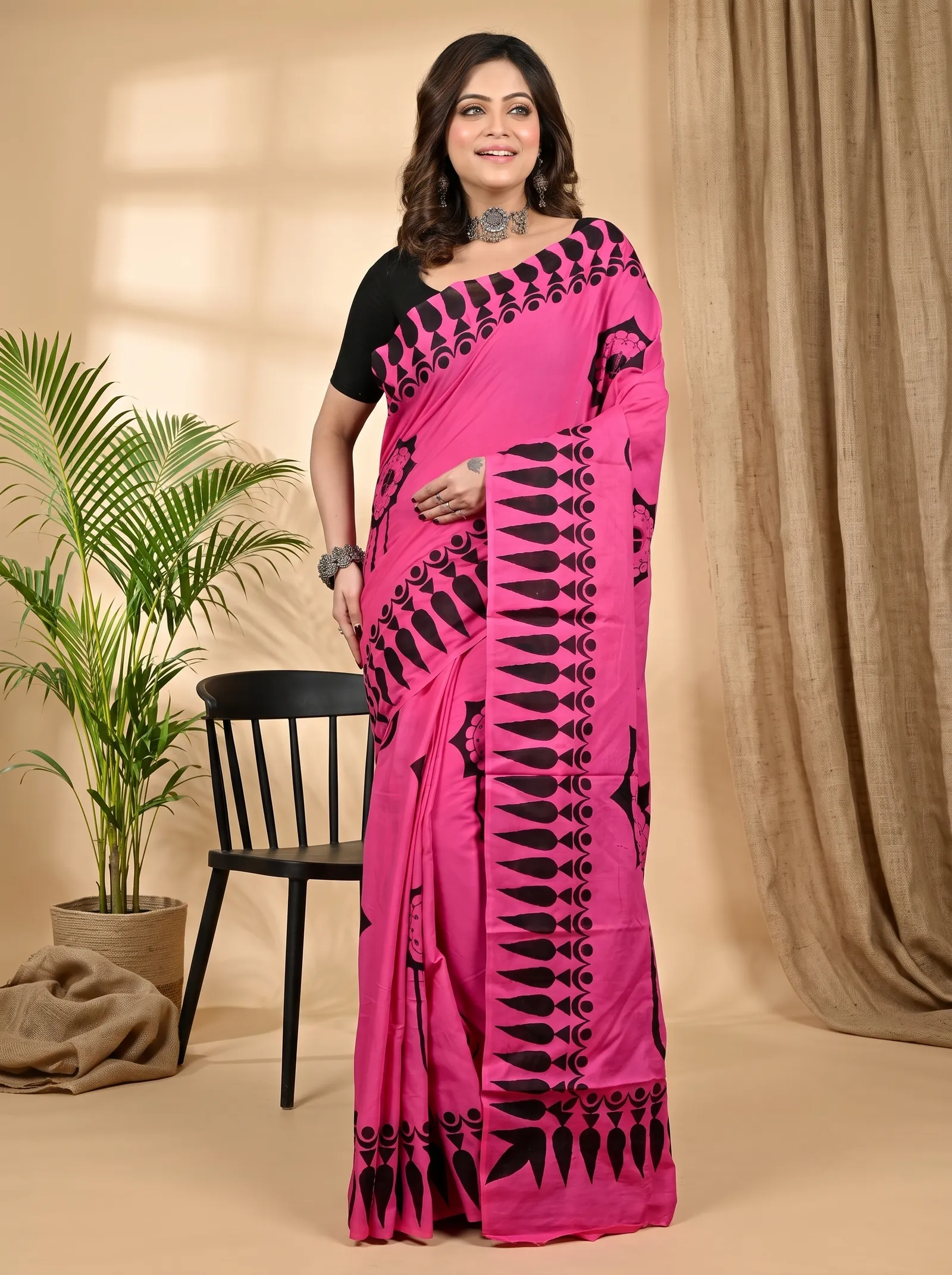 DipDiya Pure Cotton Dark Pink Febui Bengal’s Tradition Printed Handloom Sarees