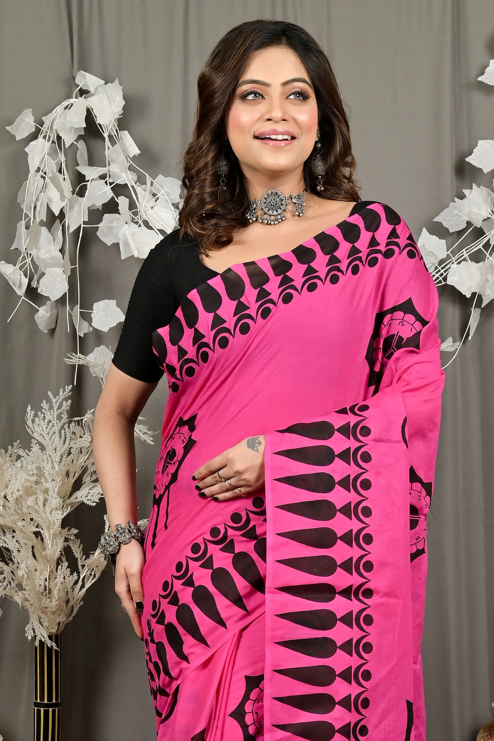 DipDiya Pure Cotton Dark Pink Febui Bengal’s Tradition Printed Handloom Sarees