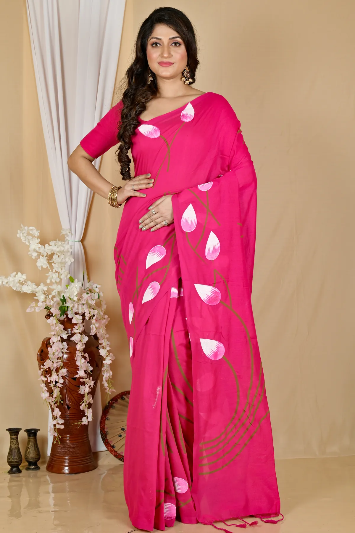 DipDiya Pure Cotton Dark Pink Kamal Regal Bengali Hand Painted Sarees