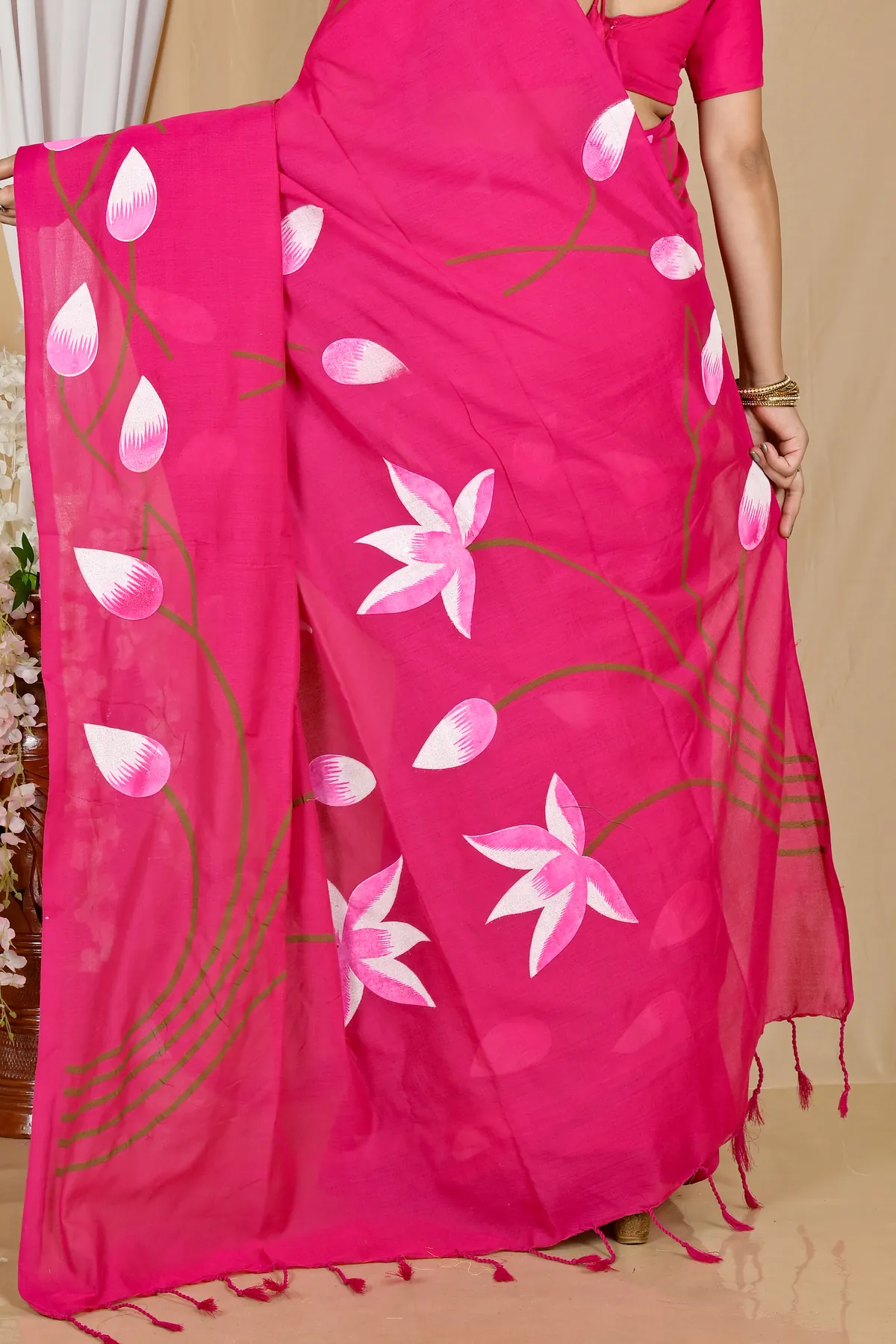 DipDiya Pure Cotton Dark Pink Kamal Regal Bengali Hand Painted Sarees
