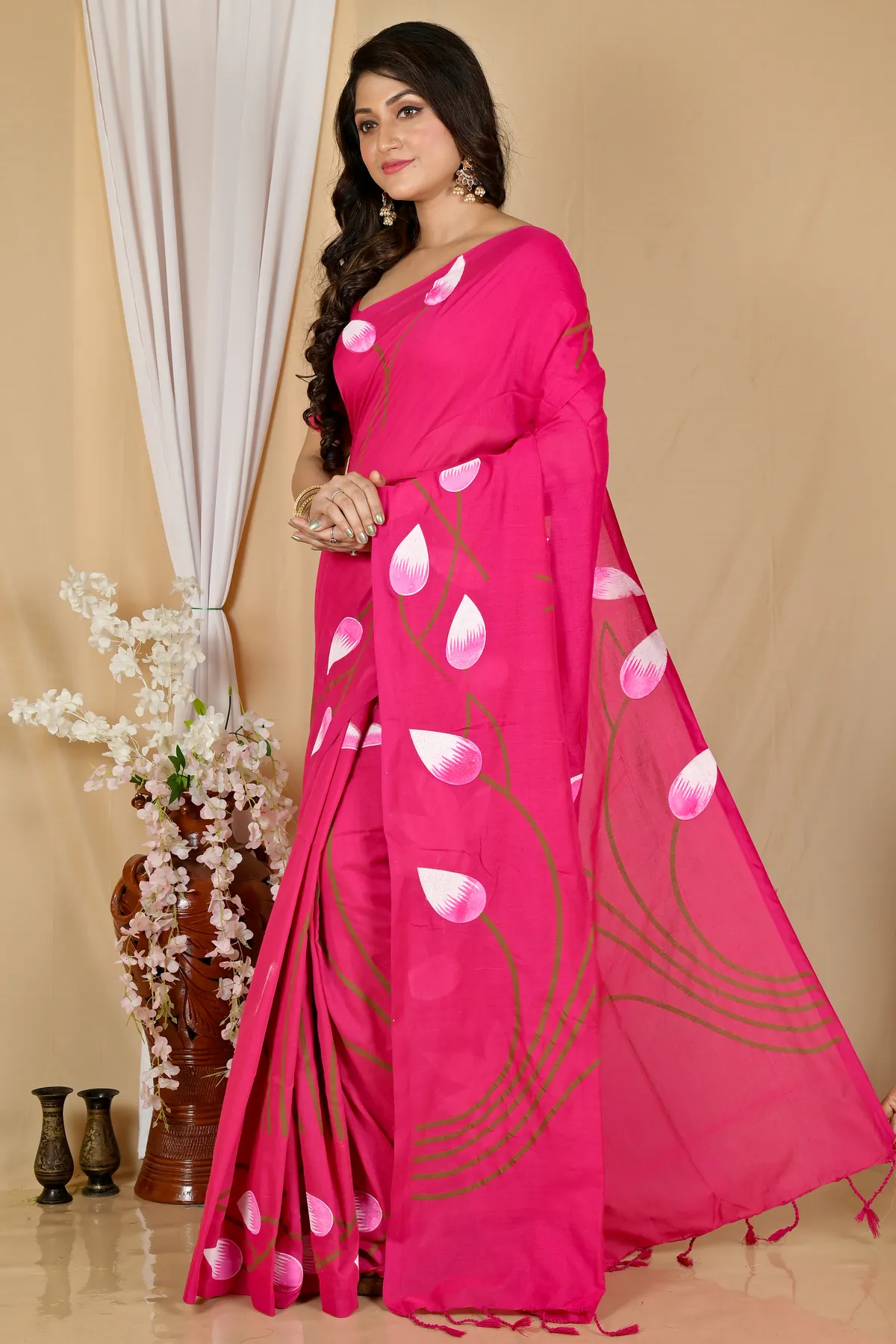 DipDiya Pure Cotton Dark Pink Kamal Regal Bengali Hand Painted Sarees