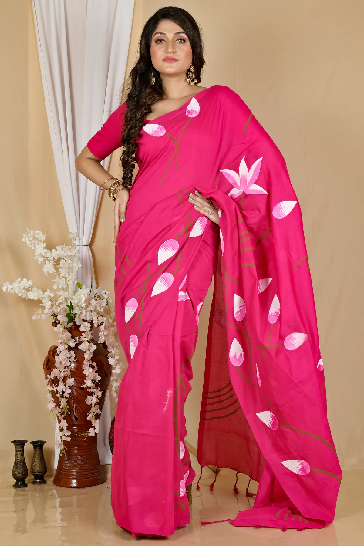 DipDiya Pure Cotton Dark Pink Kamal Regal Bengali Hand Painted Sarees