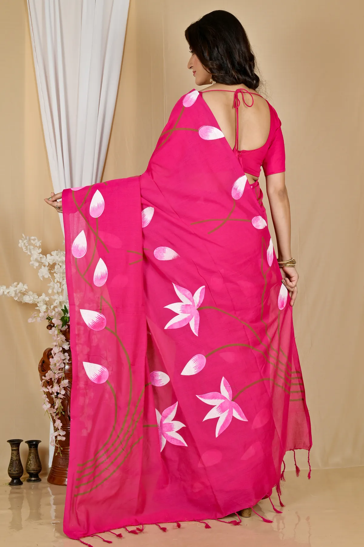 DipDiya Pure Cotton Dark Pink Kamal Regal Bengali Hand Painted Sarees