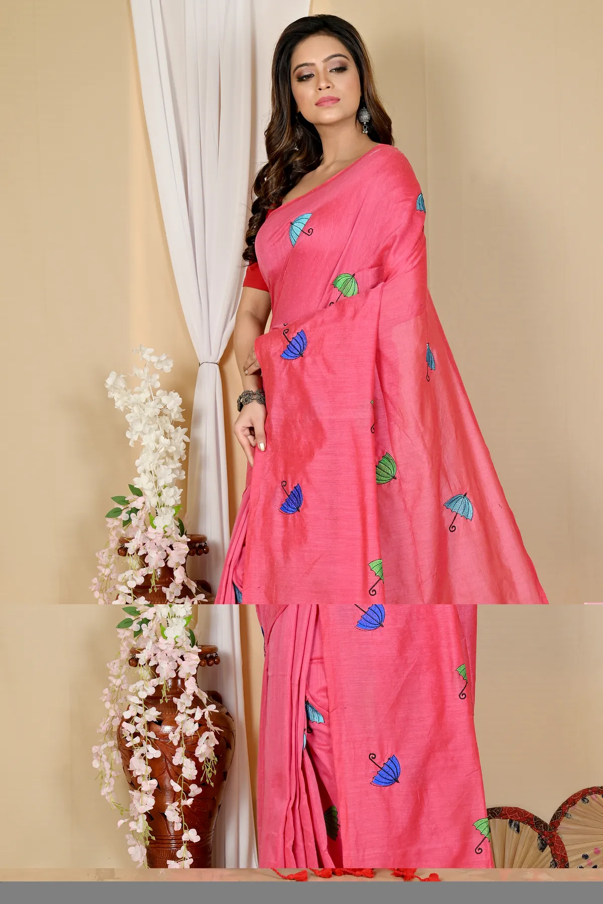 DipDiya Pure Cotton Dark Pink Umber Than Wrapped in Heritage Embroidery Handloom sarees