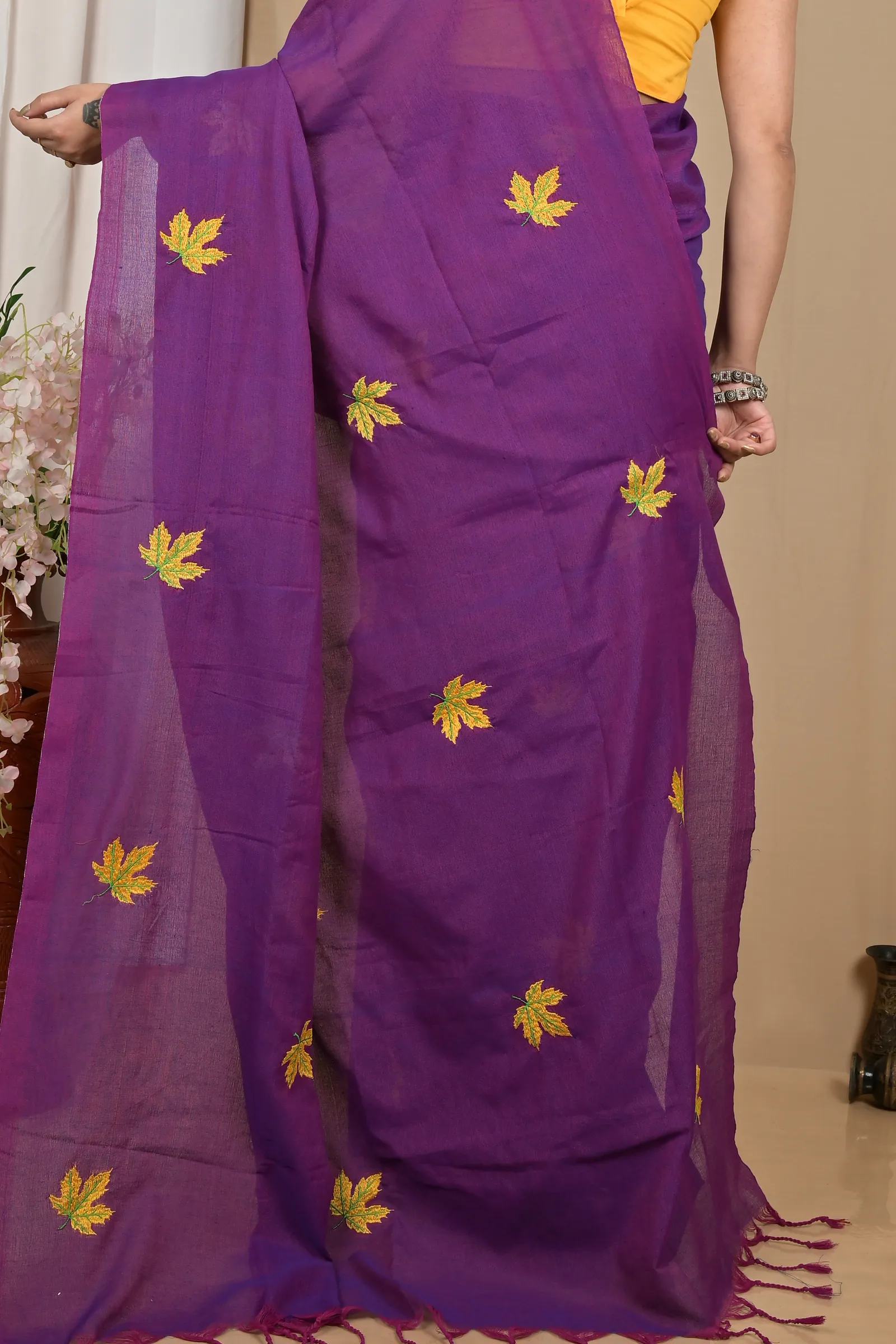 DipDiya Pure Cotton Dark Purpel Achrun Heritage Elegance Embroidery Handloom sarees