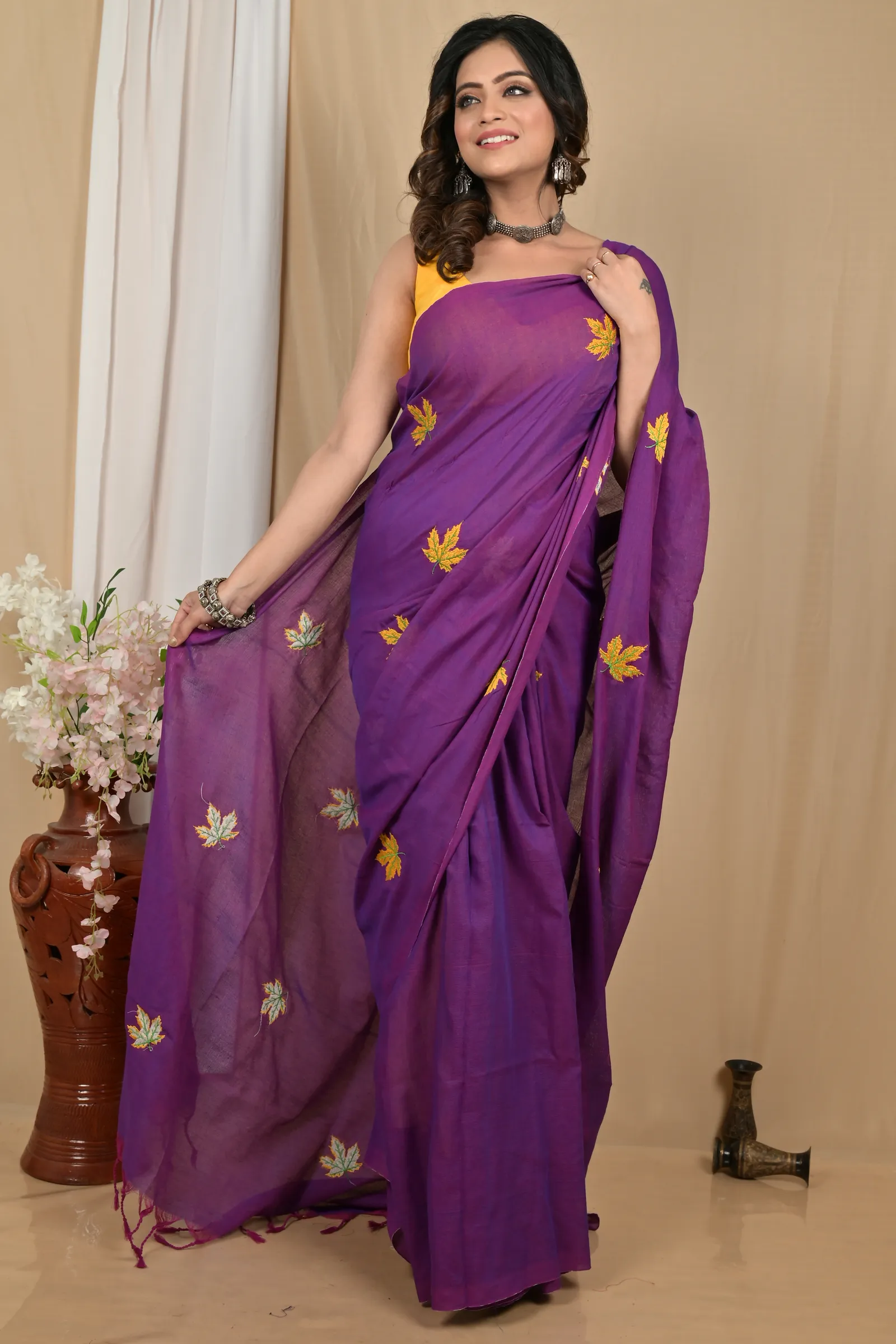 DipDiya Pure Cotton Dark Purpel Achrun Heritage Elegance Embroidery Handloom sarees