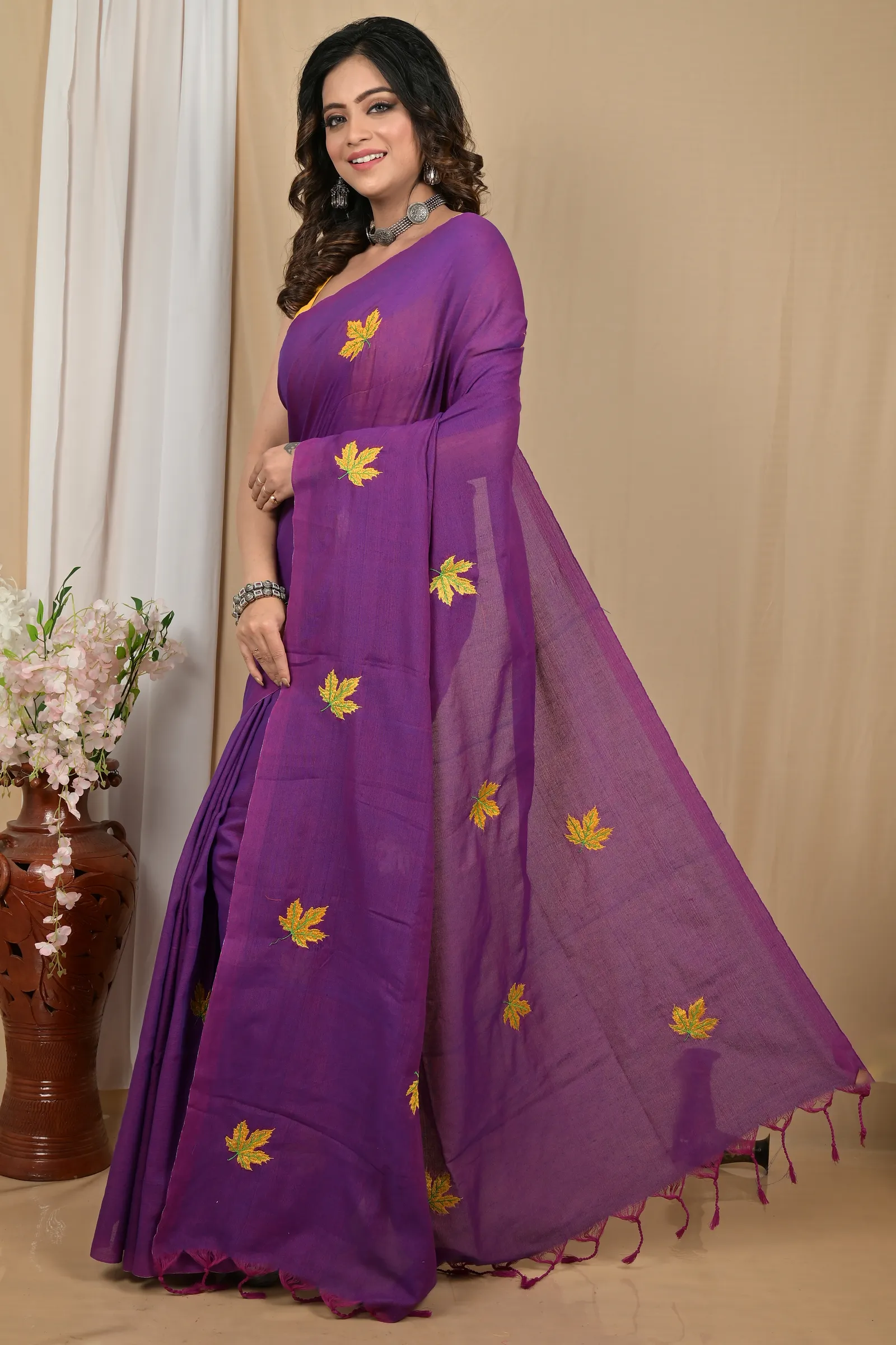 DipDiya Pure Cotton Dark Purpel Achrun Heritage Elegance Embroidery Handloom sarees