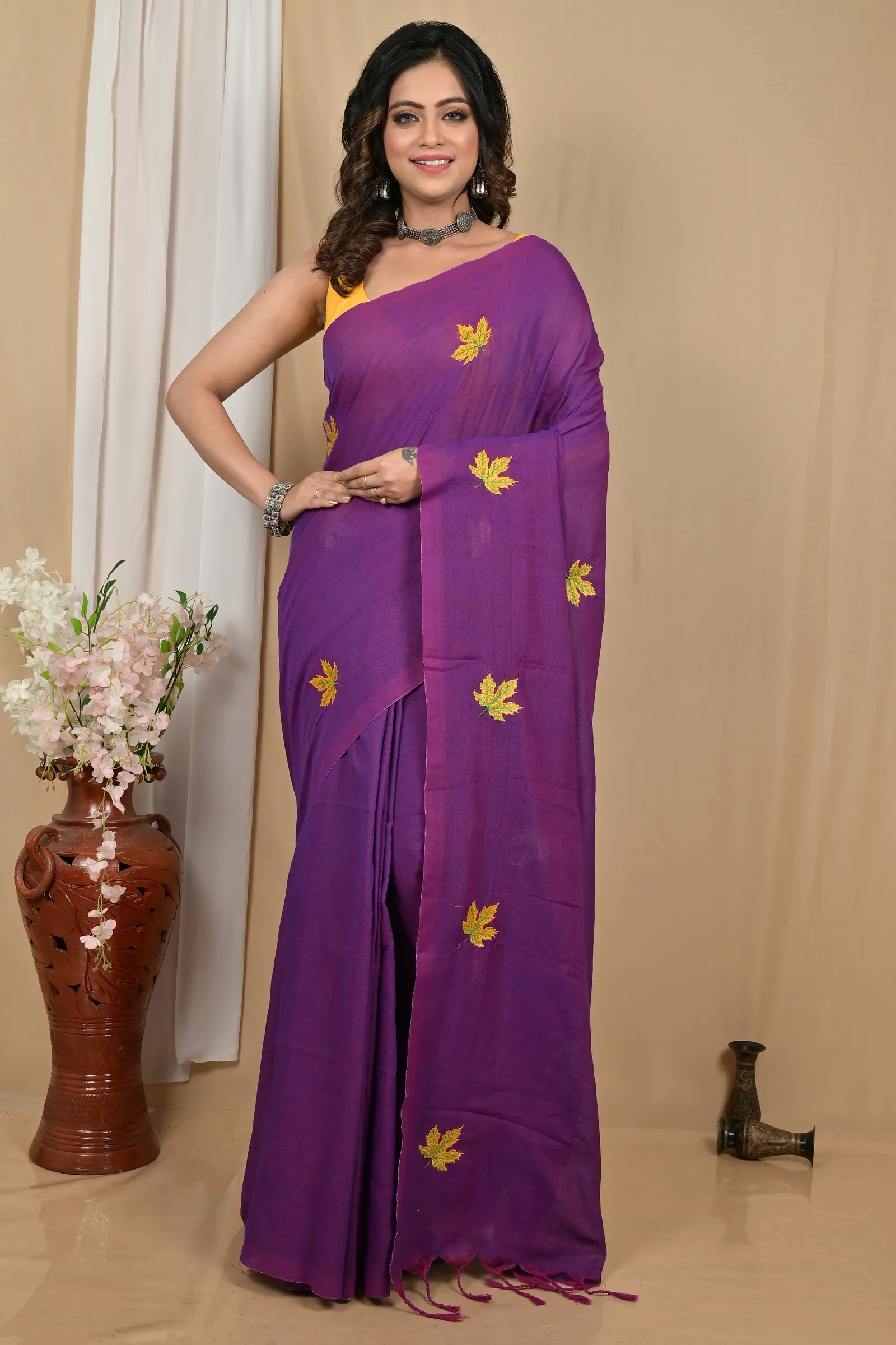 DipDiya Pure Cotton Dark Purpel Achrun Heritage Elegance Embroidery Handloom sarees