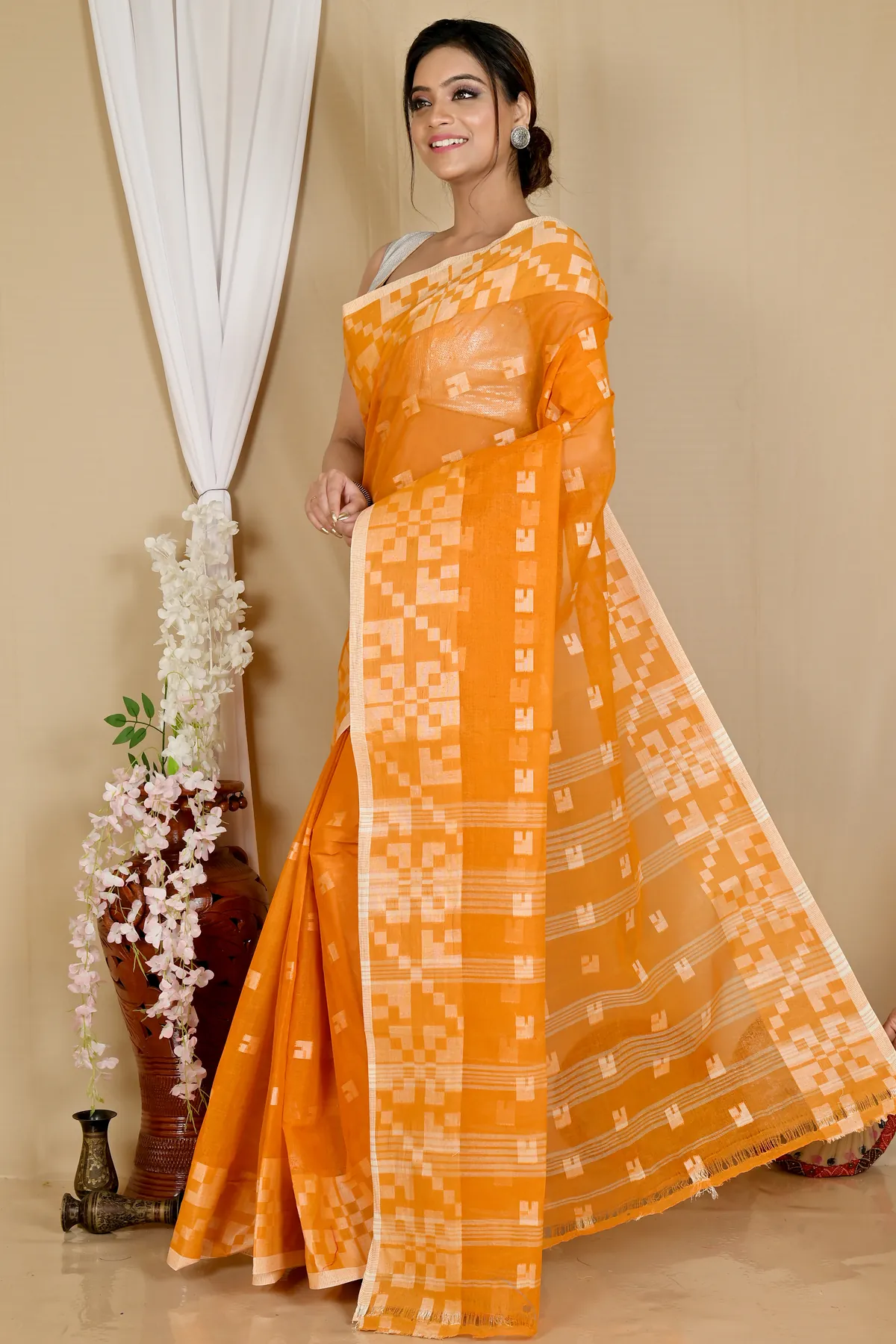 DipDiya Pure Cotton Dark Yellow Aptuk Weaves with a Story Tant Sarees