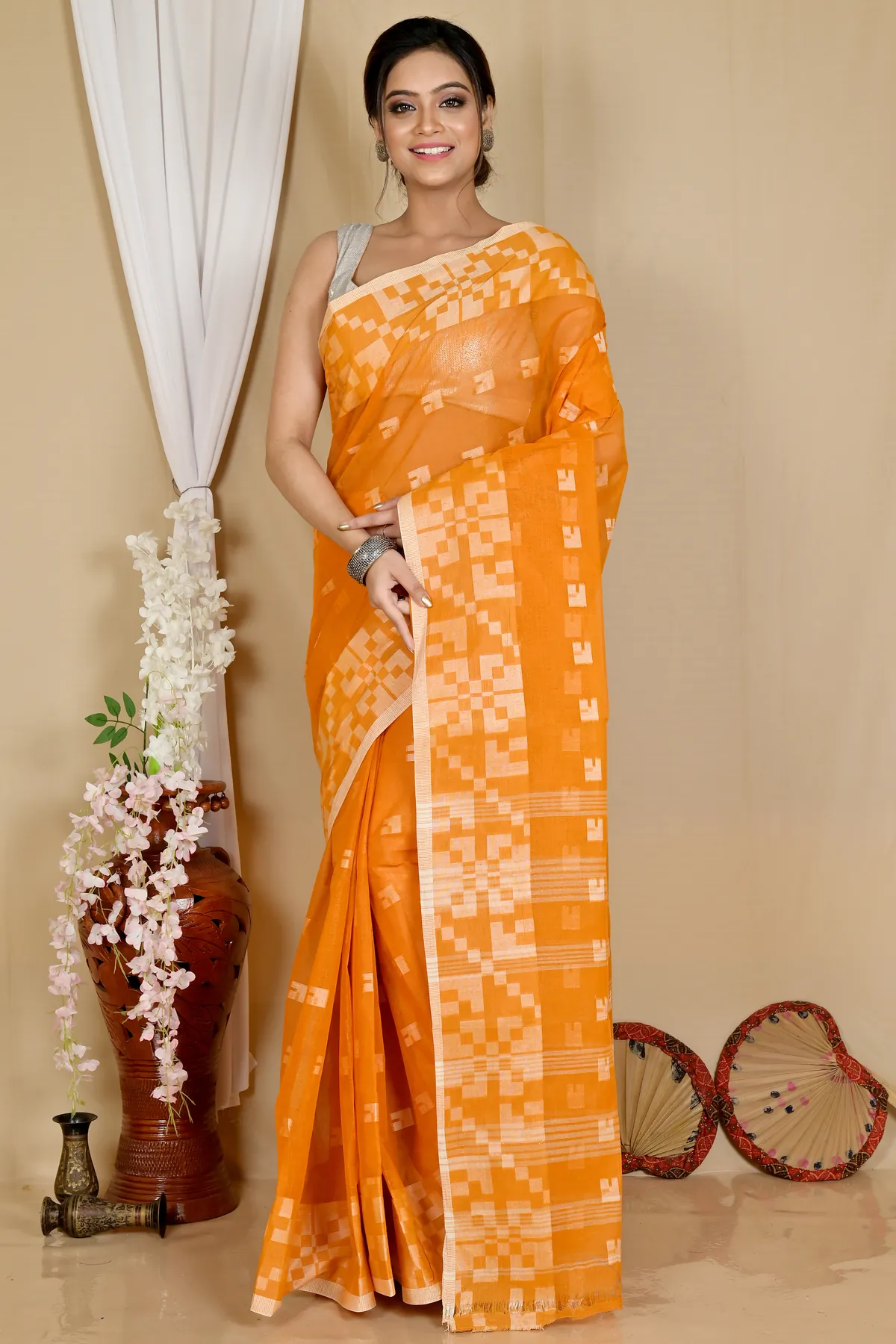 DipDiya Pure Cotton Dark Yellow Aptuk Weaves with a Story Tant Sarees