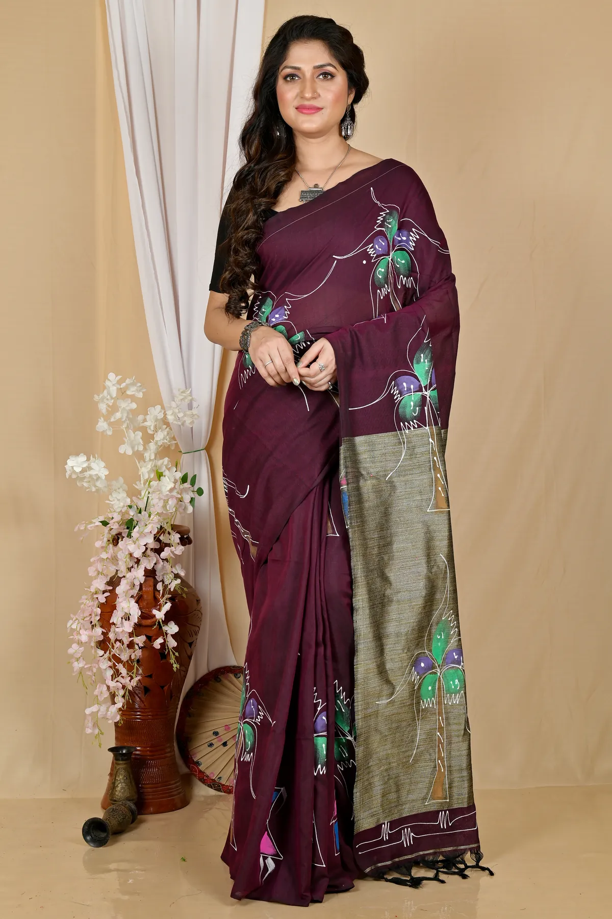 DipDiya Pure Cotton Drak Brown Keshaka Traditional Elegance Hand Painted Sarees