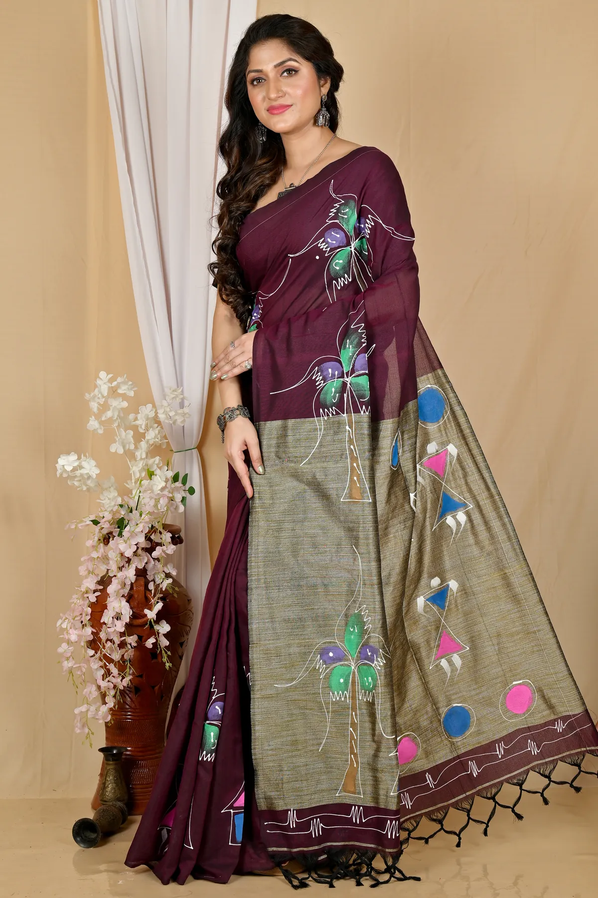 DipDiya Pure Cotton Drak Brown Keshaka Traditional Elegance Hand Painted Sarees