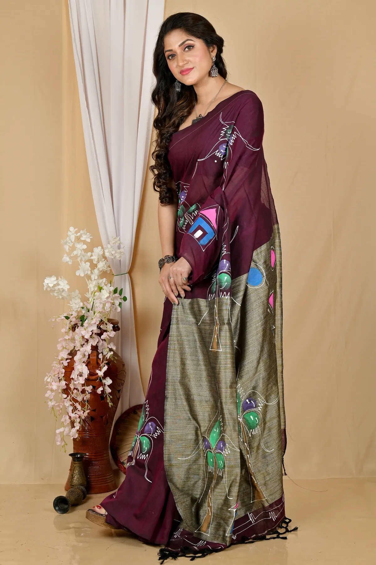 DipDiya Pure Cotton Drak Brown Keshaka Traditional Elegance Hand Painted Sarees