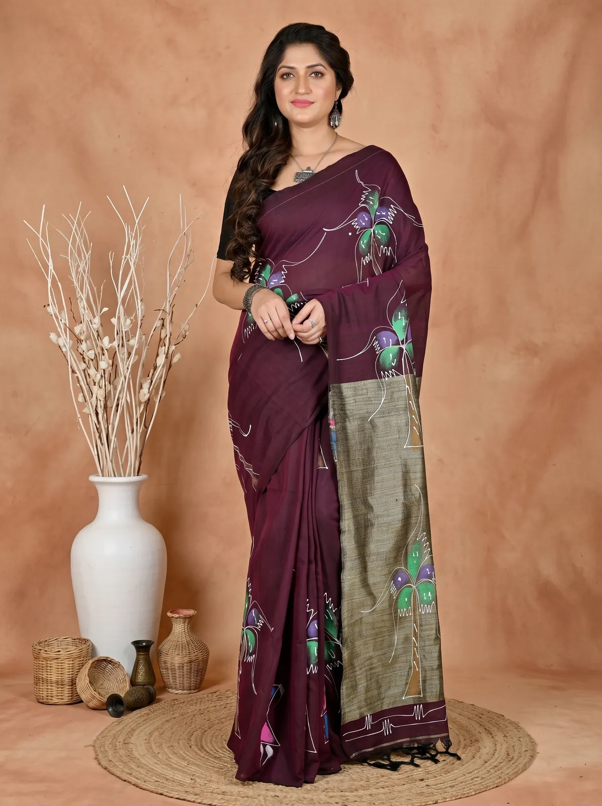 DipDiya Pure Cotton Drak Brown Keshaka Traditional Elegance Hand Painted Sarees