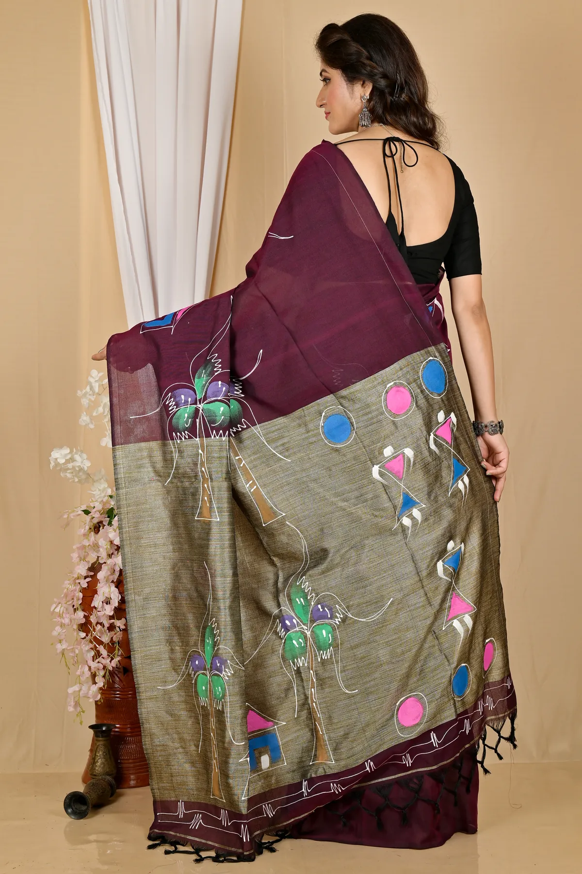 DipDiya Pure Cotton Drak Brown Keshaka Traditional Elegance Hand Painted Sarees