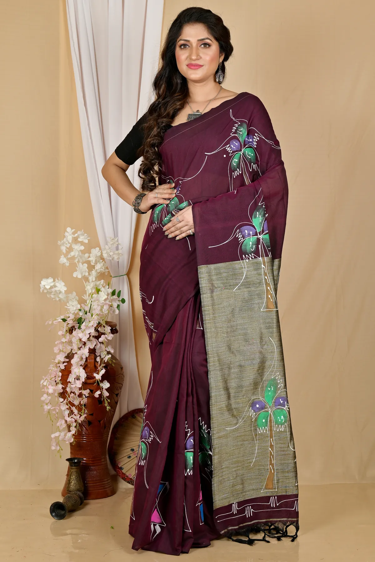 DipDiya Pure Cotton Drak Brown Keshaka Traditional Elegance Hand Painted Sarees