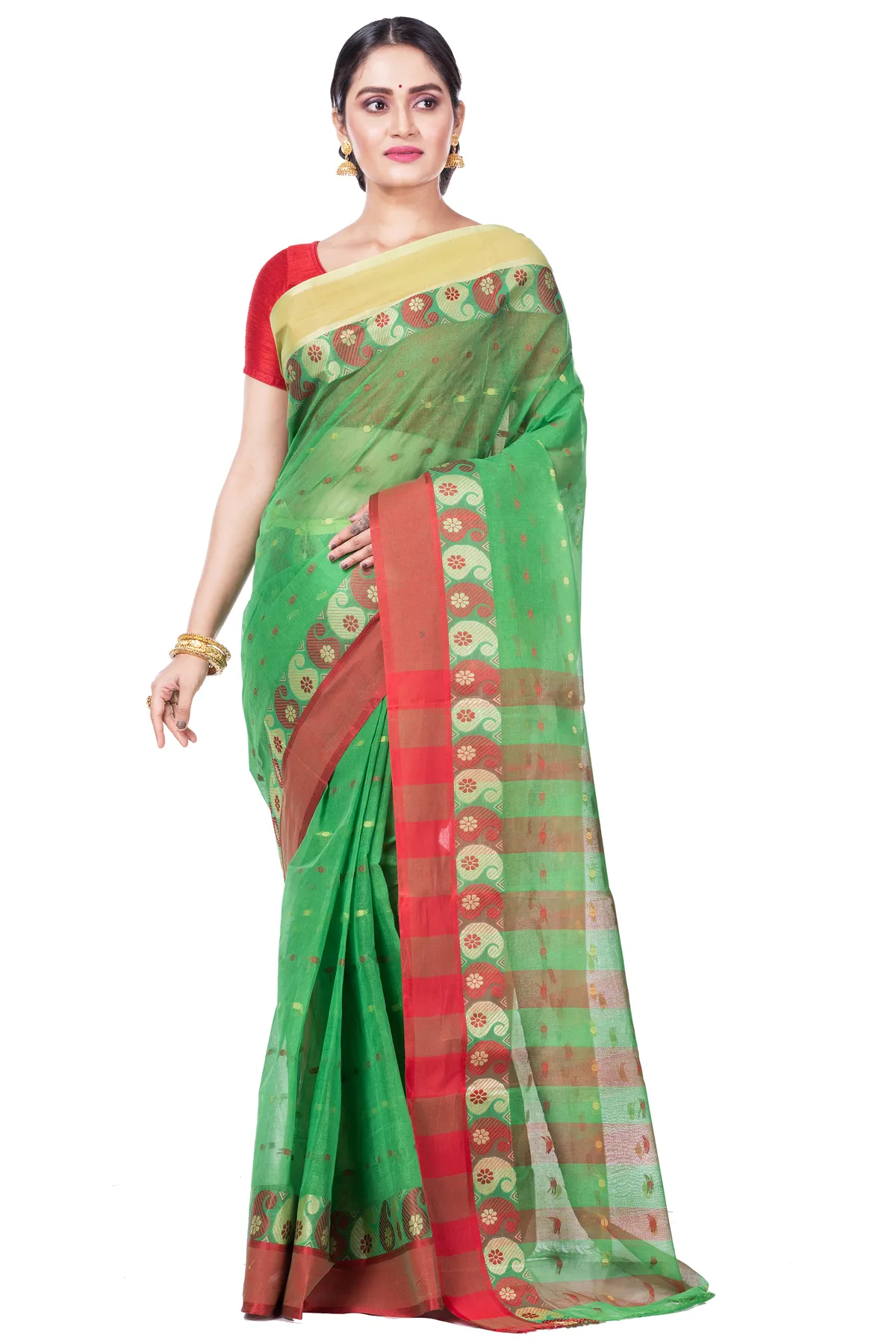 DipDiya Pure Cotton Green Amkolka Par Effortless Tradition Tant Sarees