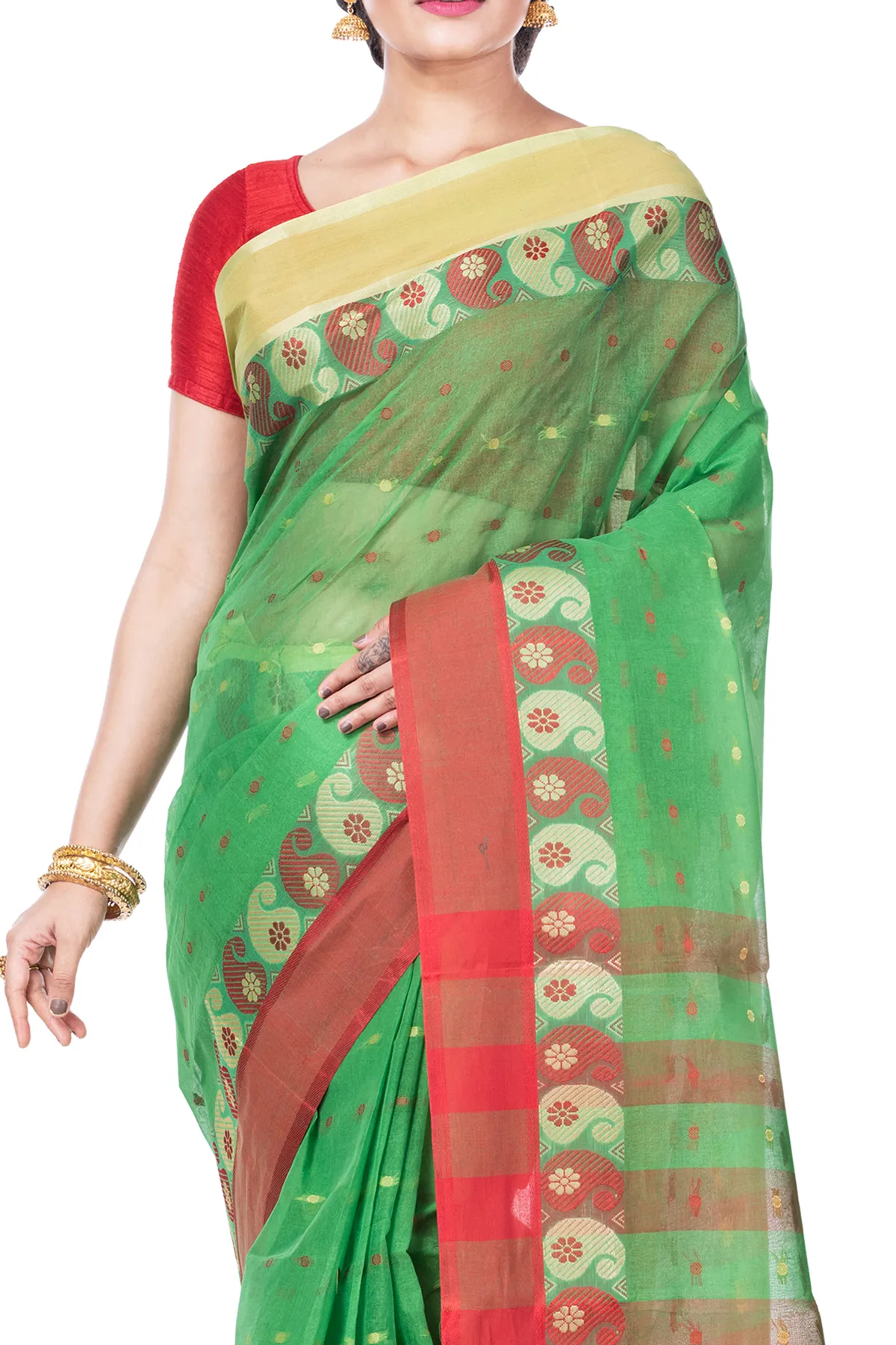 DipDiya Pure Cotton Green Amkolka Par Effortless Tradition Tant Sarees