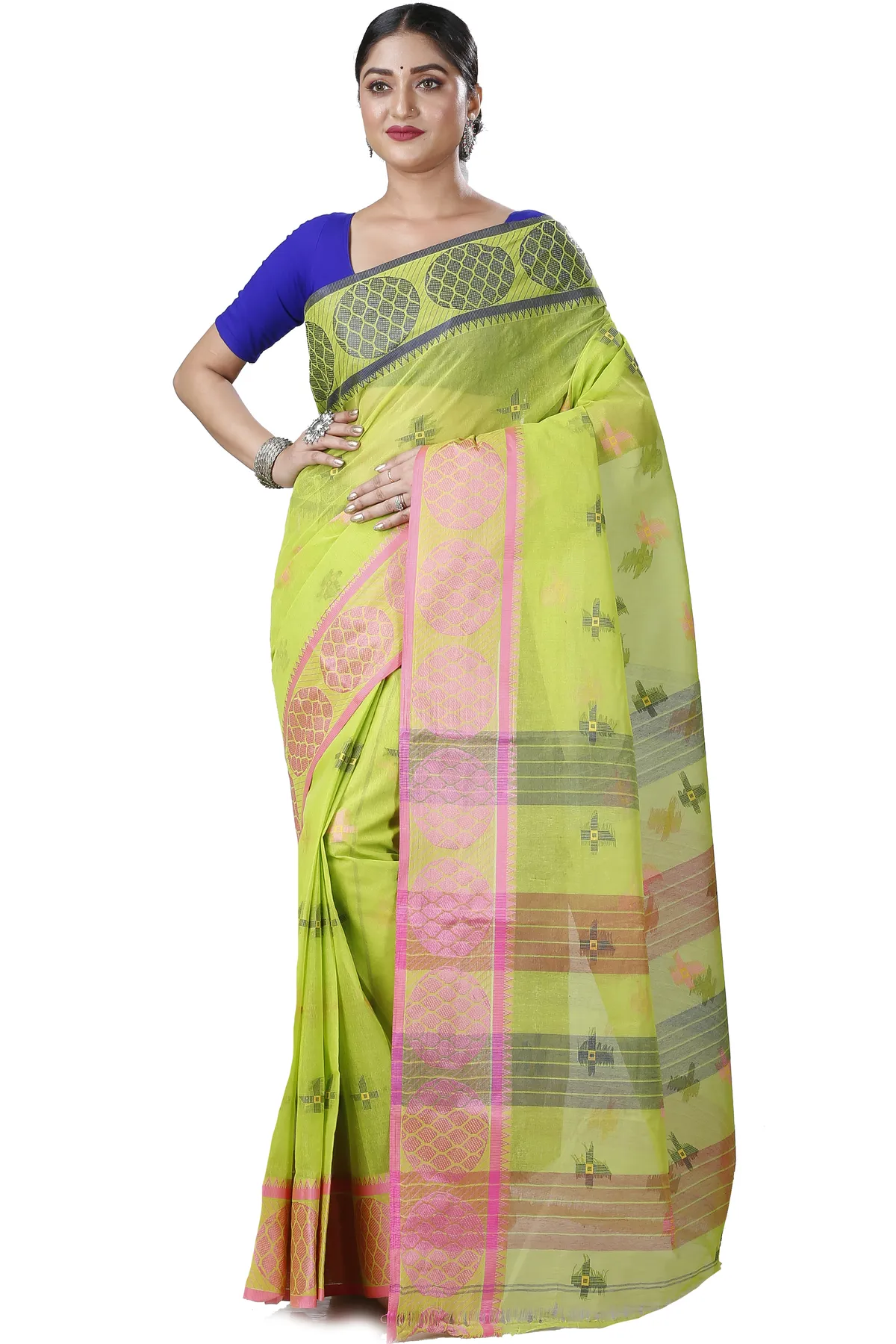 DipDiya Pure Cotton Green Ananda Regal Bengali Tant Sarees