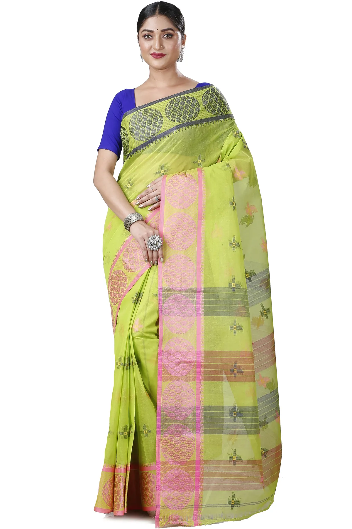 DipDiya Pure Cotton Green Ananda Regal Bengali Tant Sarees
