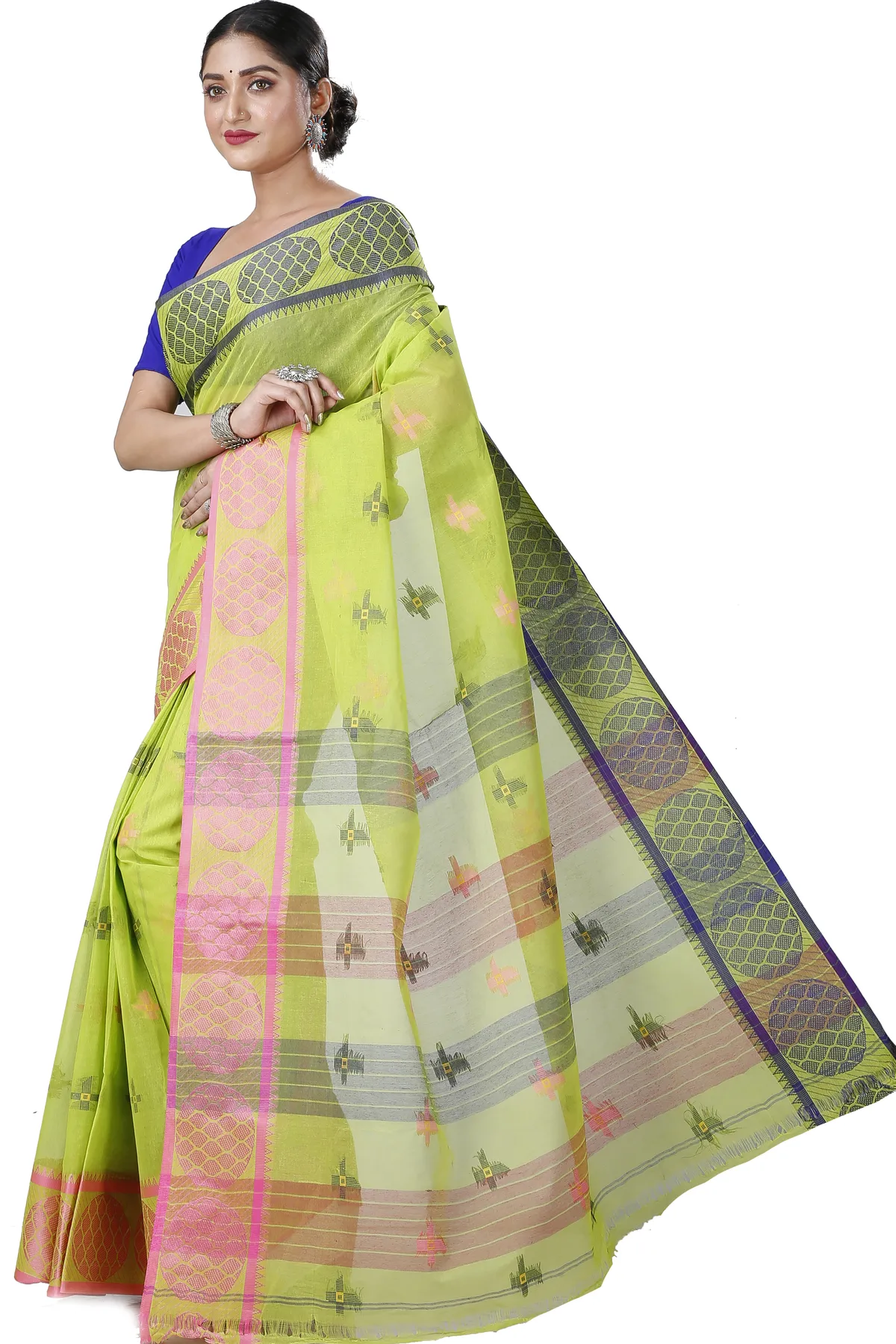 DipDiya Pure Cotton Green Ananda Regal Bengali Tant Sarees