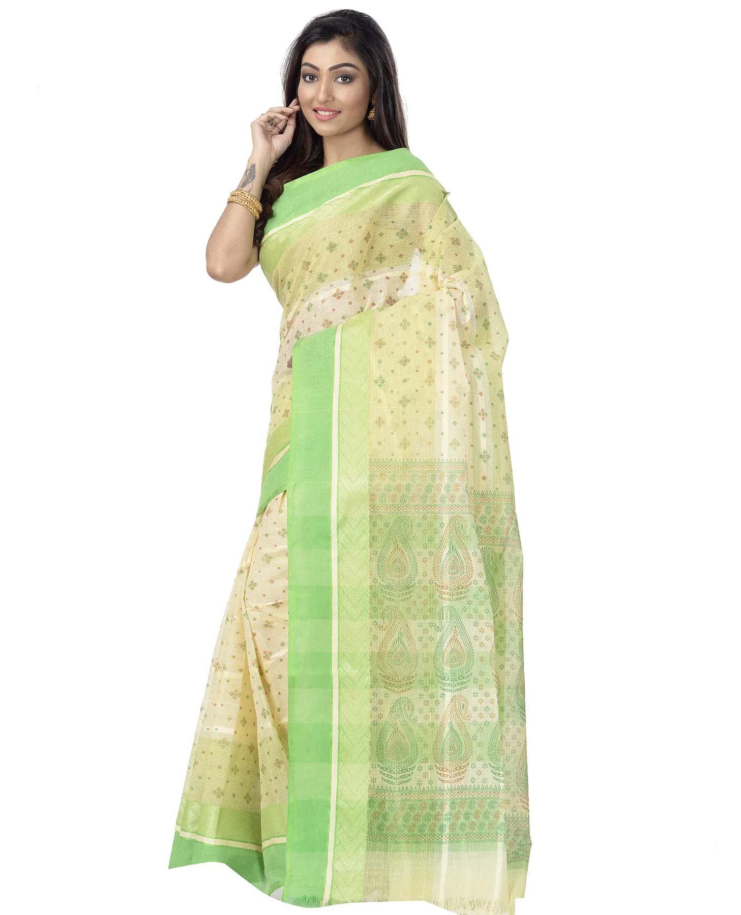 DipDiya Pure Cotton Green ANARKOLI PRINT Wrapped in Heritage Printed Tant Sarees