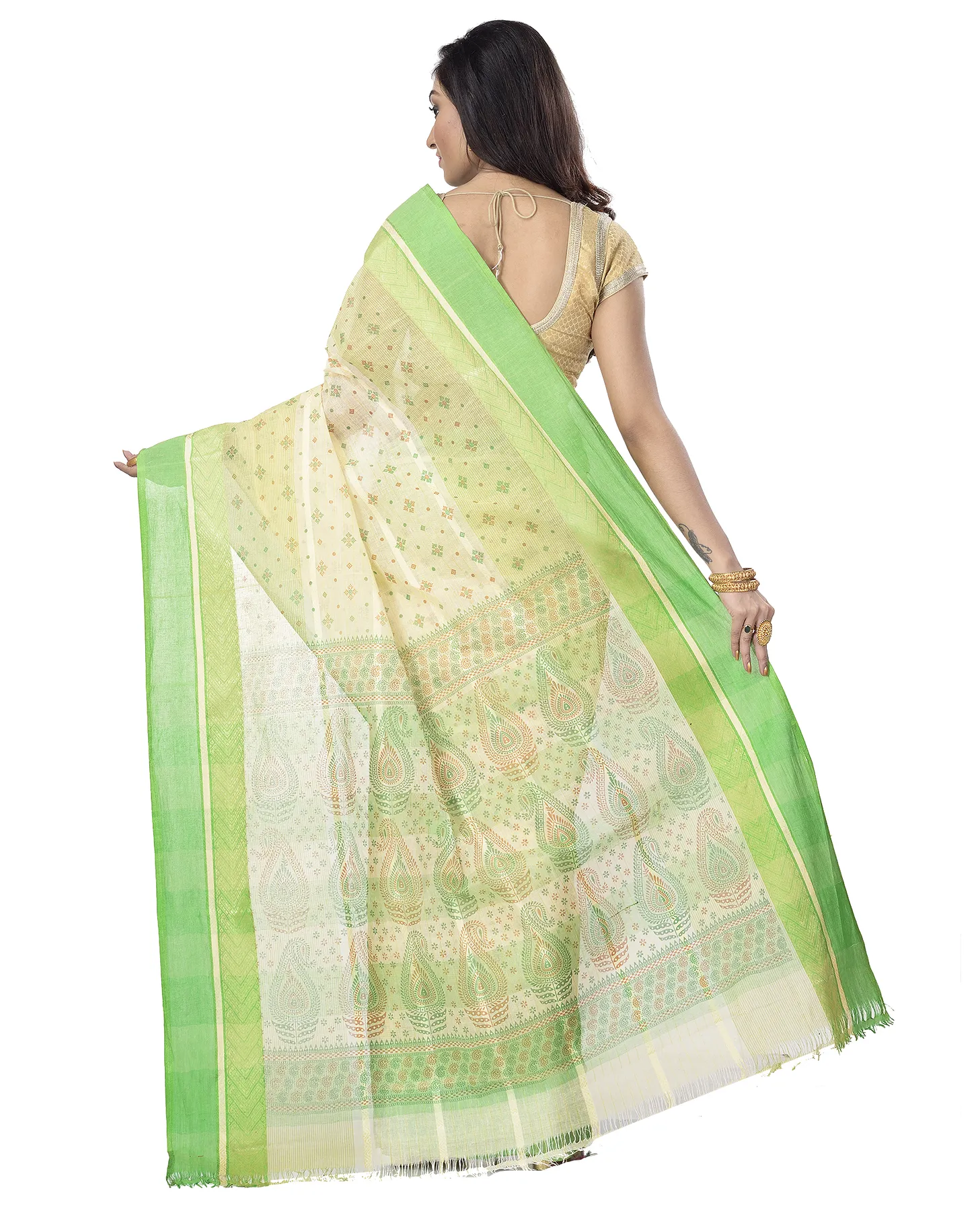 DipDiya Pure Cotton Green ANARKOLI PRINT Wrapped in Heritage Printed Tant Sarees