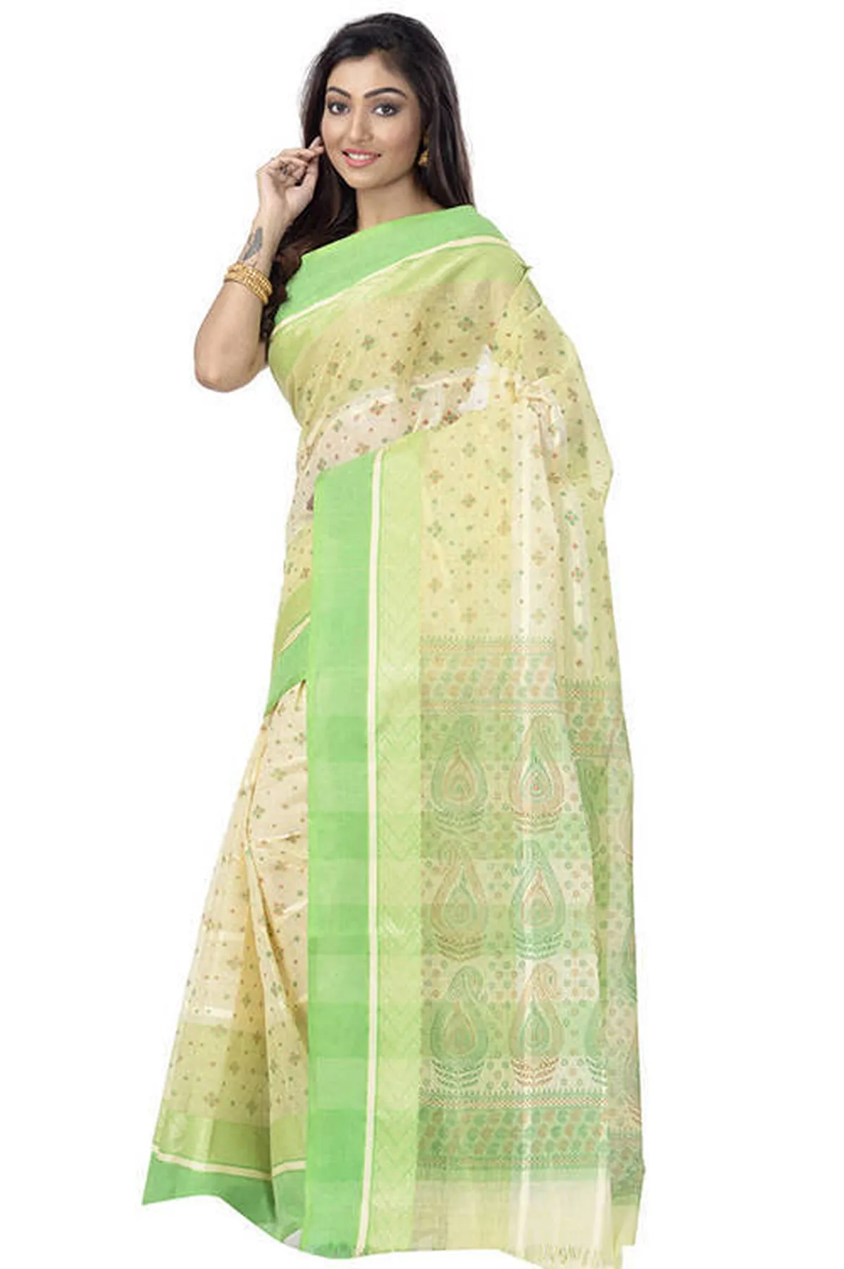 DipDiya Pure Cotton Green ANARKOLI PRINT Wrapped in Heritage Printed Tant Sarees