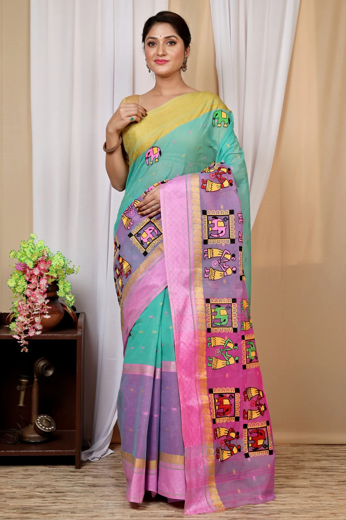 DipDiya Pure Cotton Green and Pink Embi Ganga Gajo Bengal in Every Thread Embroidery Tant Sarees