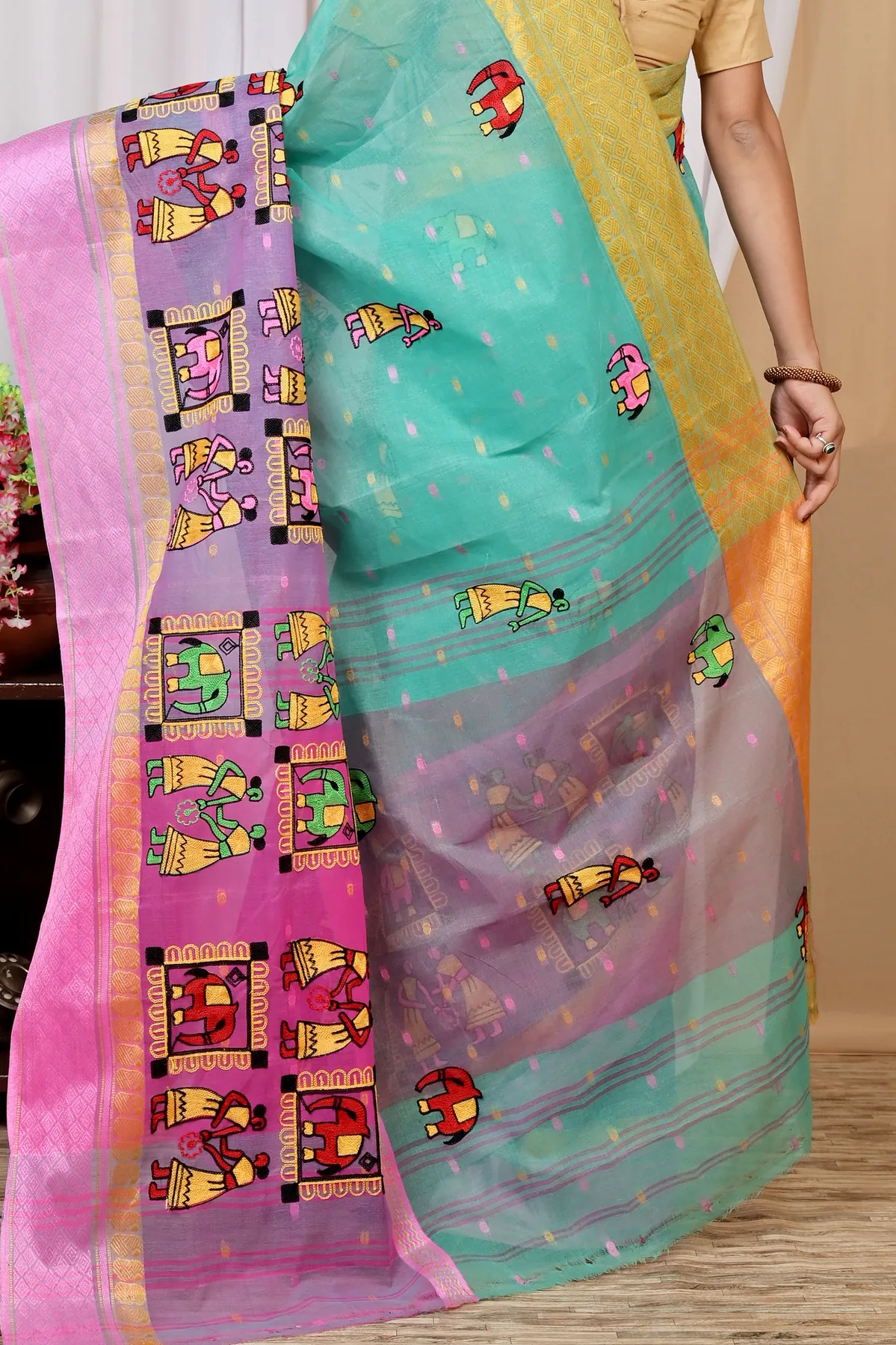 DipDiya Pure Cotton Green and Pink Embi Ganga Gajo Bengal in Every Thread Embroidery Tant Sarees