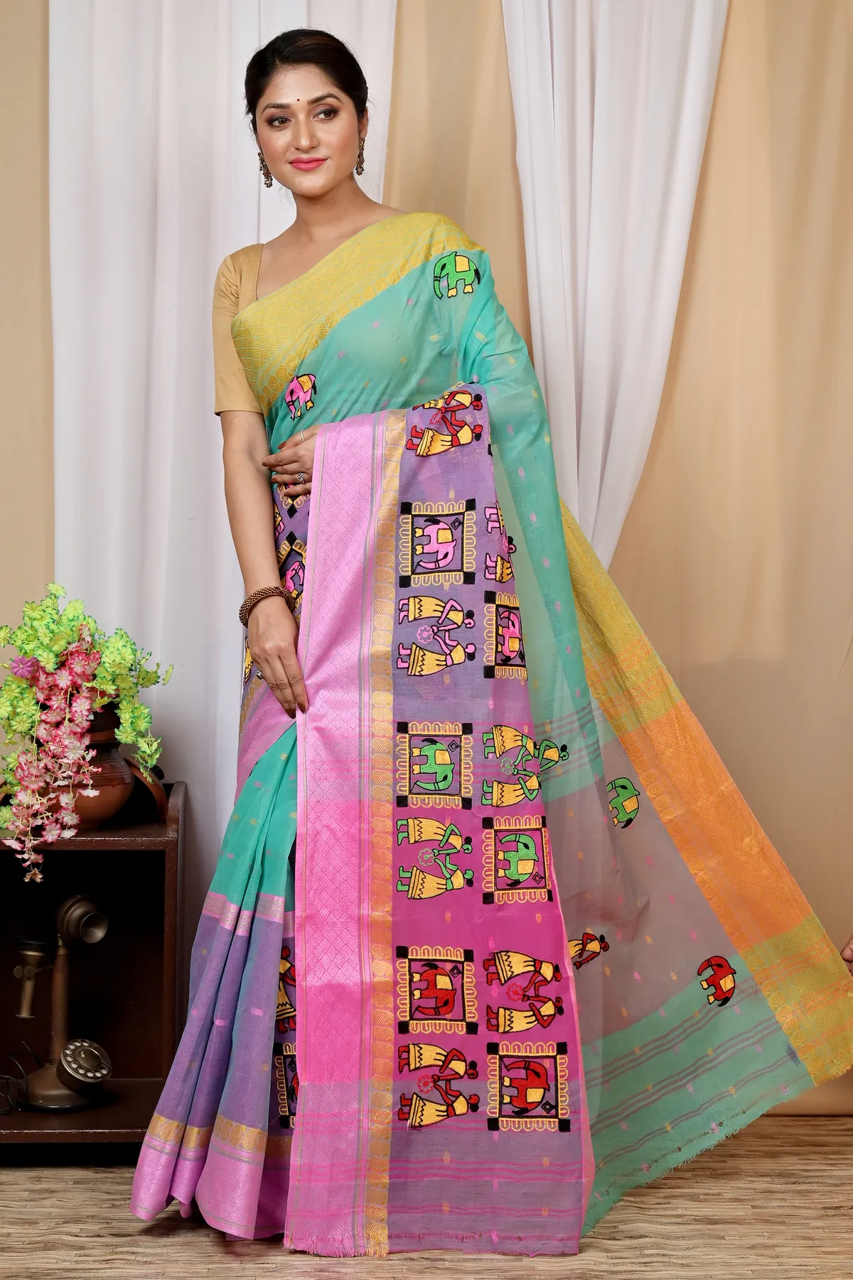DipDiya Pure Cotton Green and Pink Embi Ganga Gajo Bengal in Every Thread Embroidery Tant Sarees