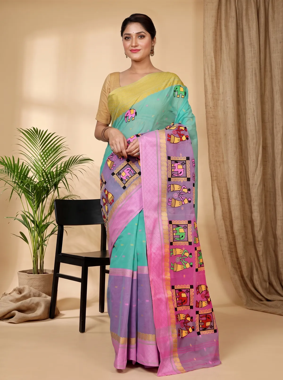 DipDiya Pure Cotton Green and Pink Embi Ganga Gajo Bengal in Every Thread Embroidery Tant Sarees