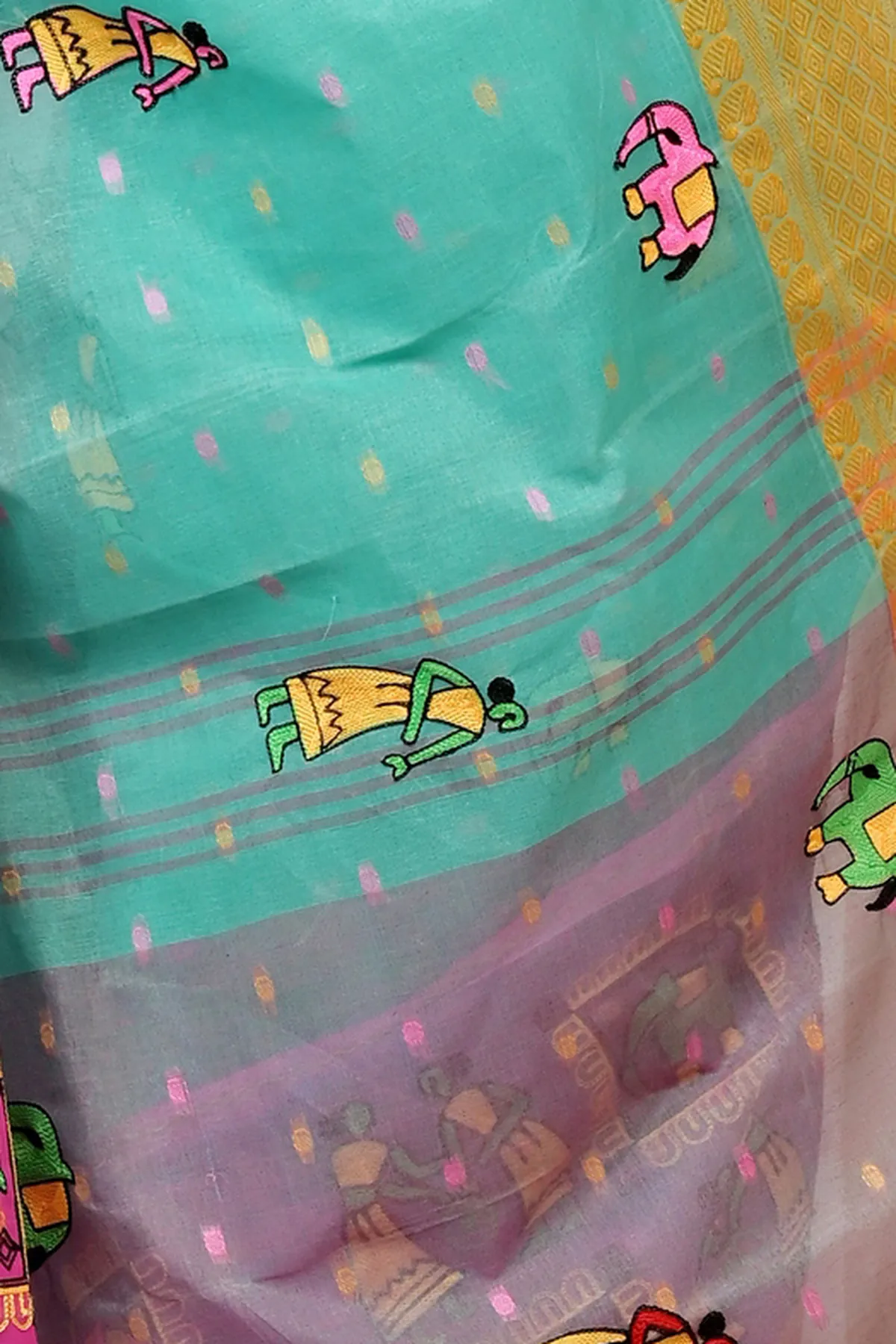 DipDiya Pure Cotton Green and Pink Embi Ganga Gajo Bengal in Every Thread Embroidery Tant Sarees