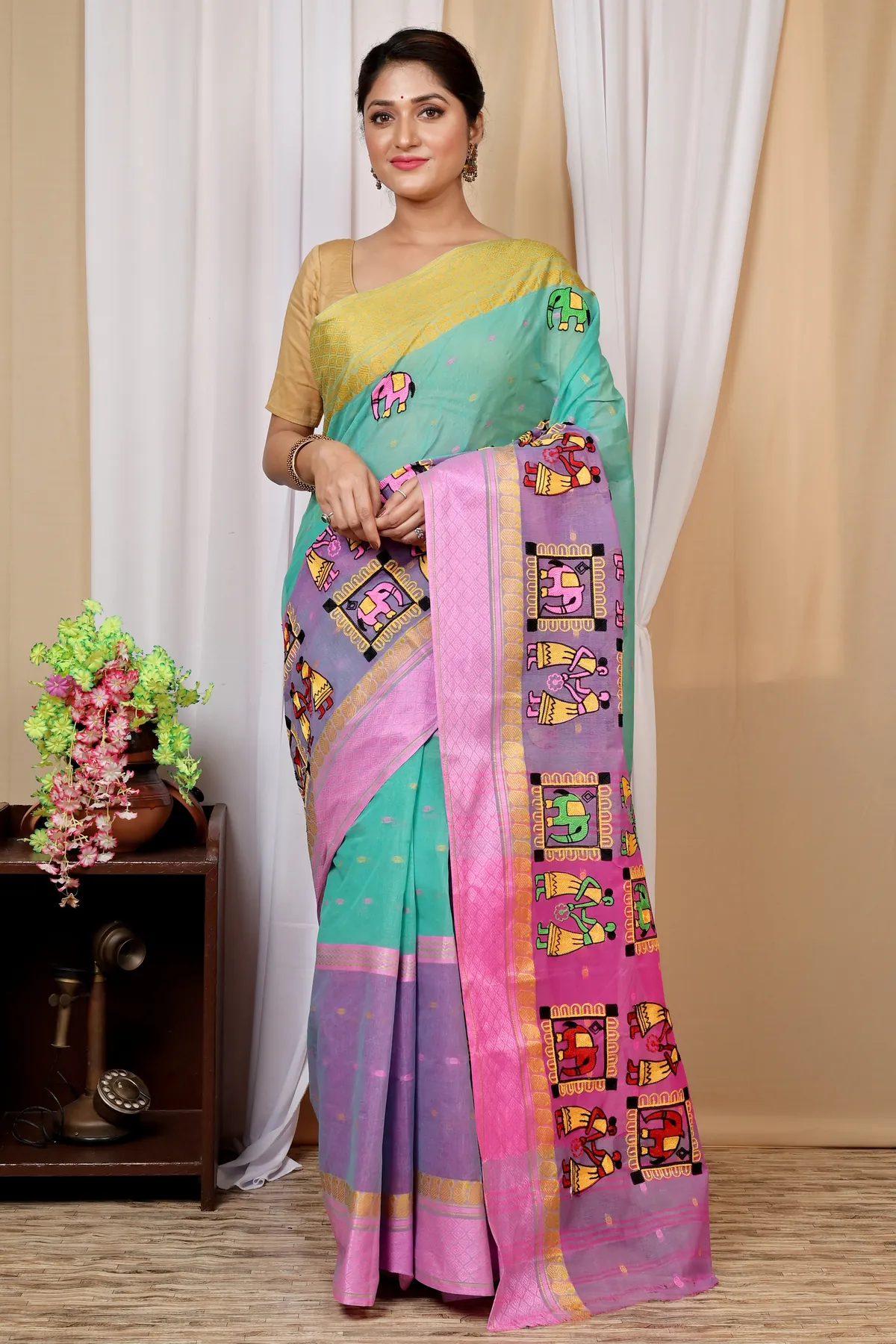 DipDiya Pure Cotton Green and Pink Embi Ganga Gajo Bengal in Every Thread Embroidery Tant Sarees