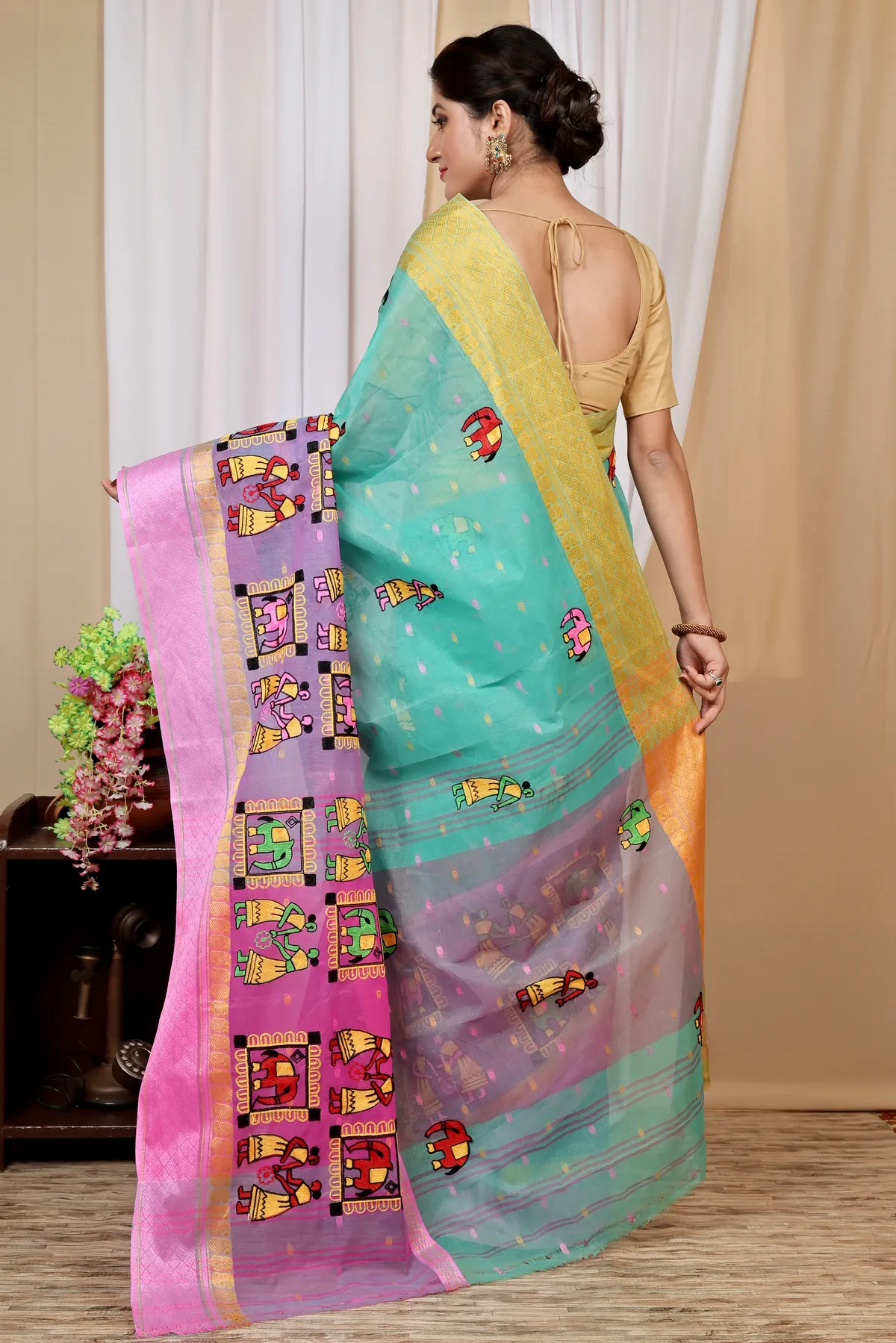 DipDiya Pure Cotton Green and Pink Embi Ganga Gajo Bengal in Every Thread Embroidery Tant Sarees