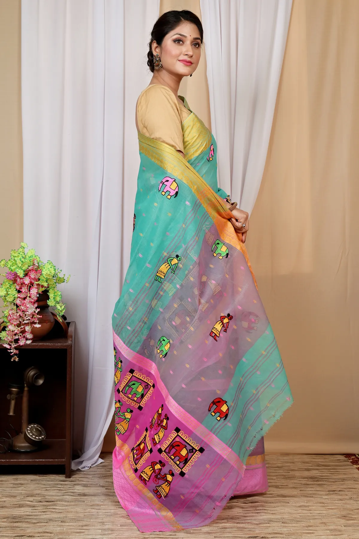 DipDiya Pure Cotton Green and Pink Embi Ganga Gajo Bengal in Every Thread Embroidery Tant Sarees