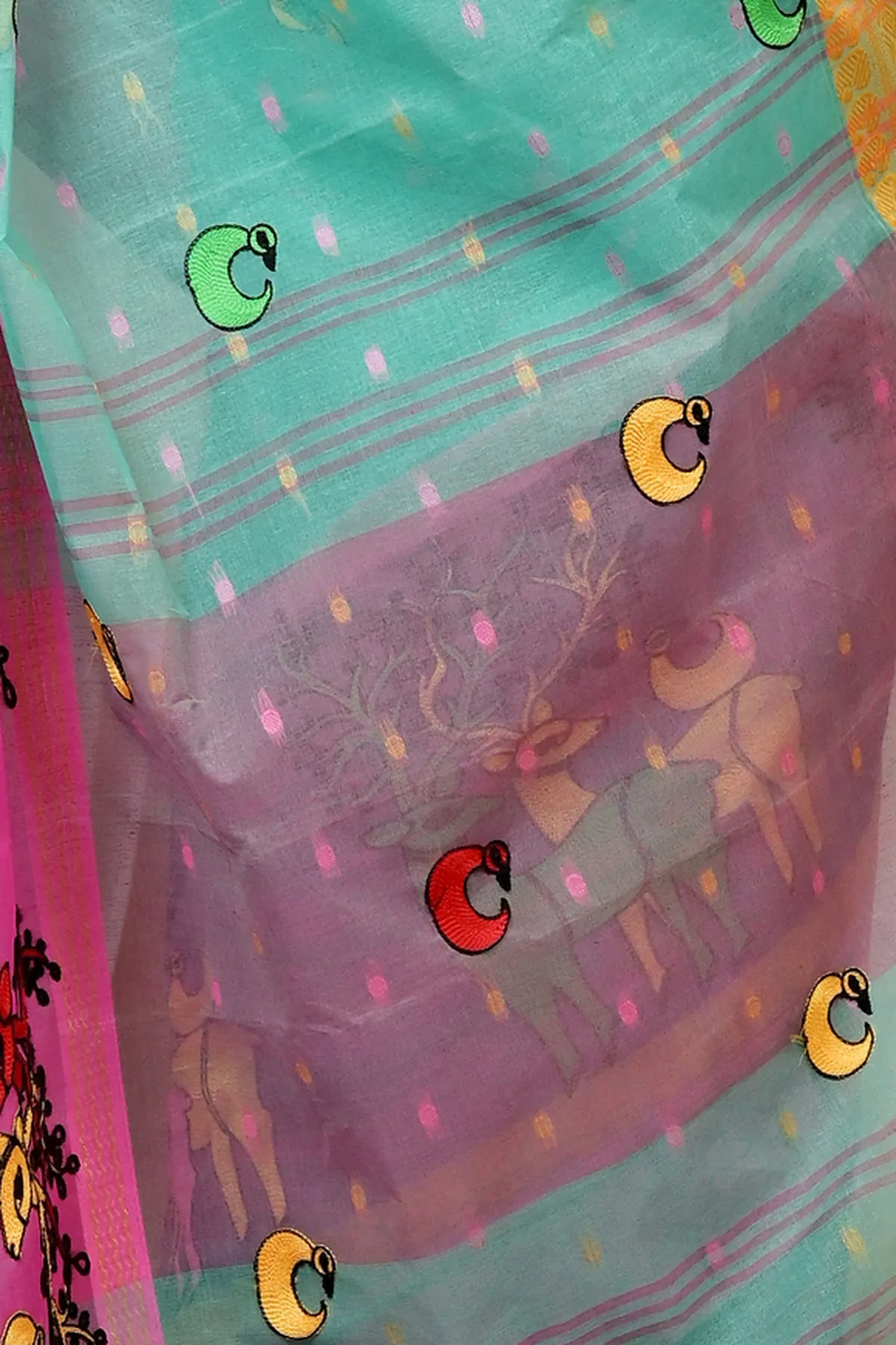 DipDiya Pure Cotton Green and Pink Embi Ganga Indra Weaves with a Story Embroidery Tant Sarees